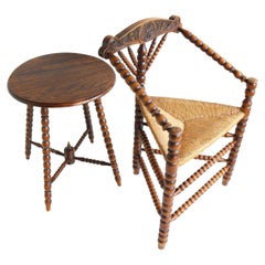 Antique Set, Dutch Triangular Rush Seat Bobbin Corner Chair with Side Table