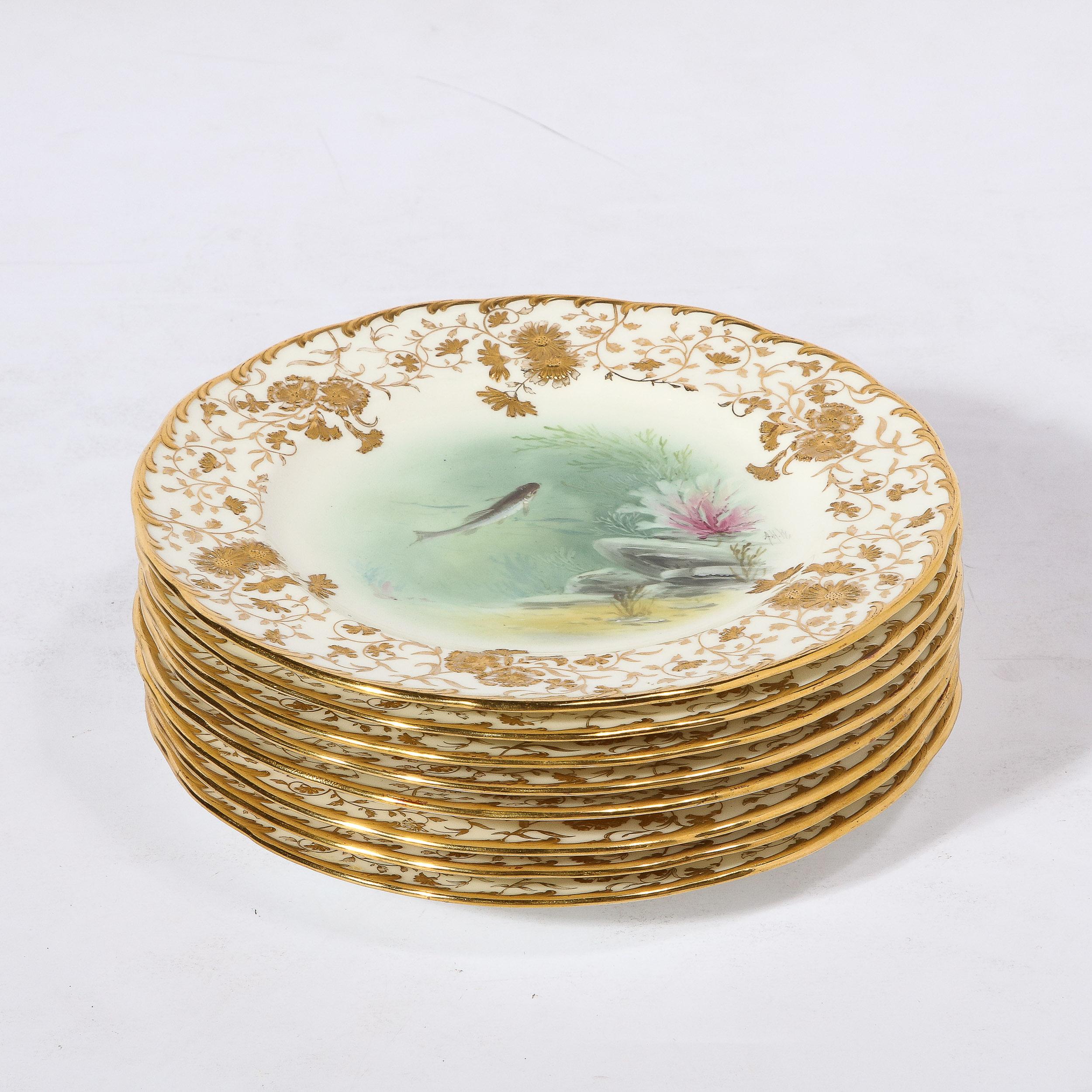 Neoclassical Antique Set Eight Hand-Painted Minton Plates Depicting Fish Signed A. Holland  For Sale