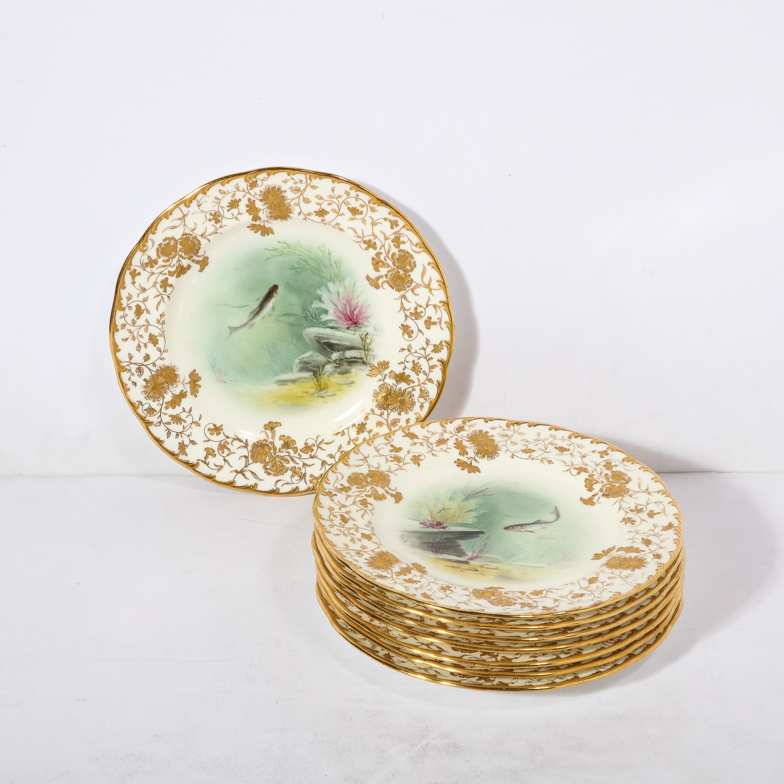 English Antique Set Eight Hand-Painted Minton Plates Depicting Fish Signed A. Holland  For Sale