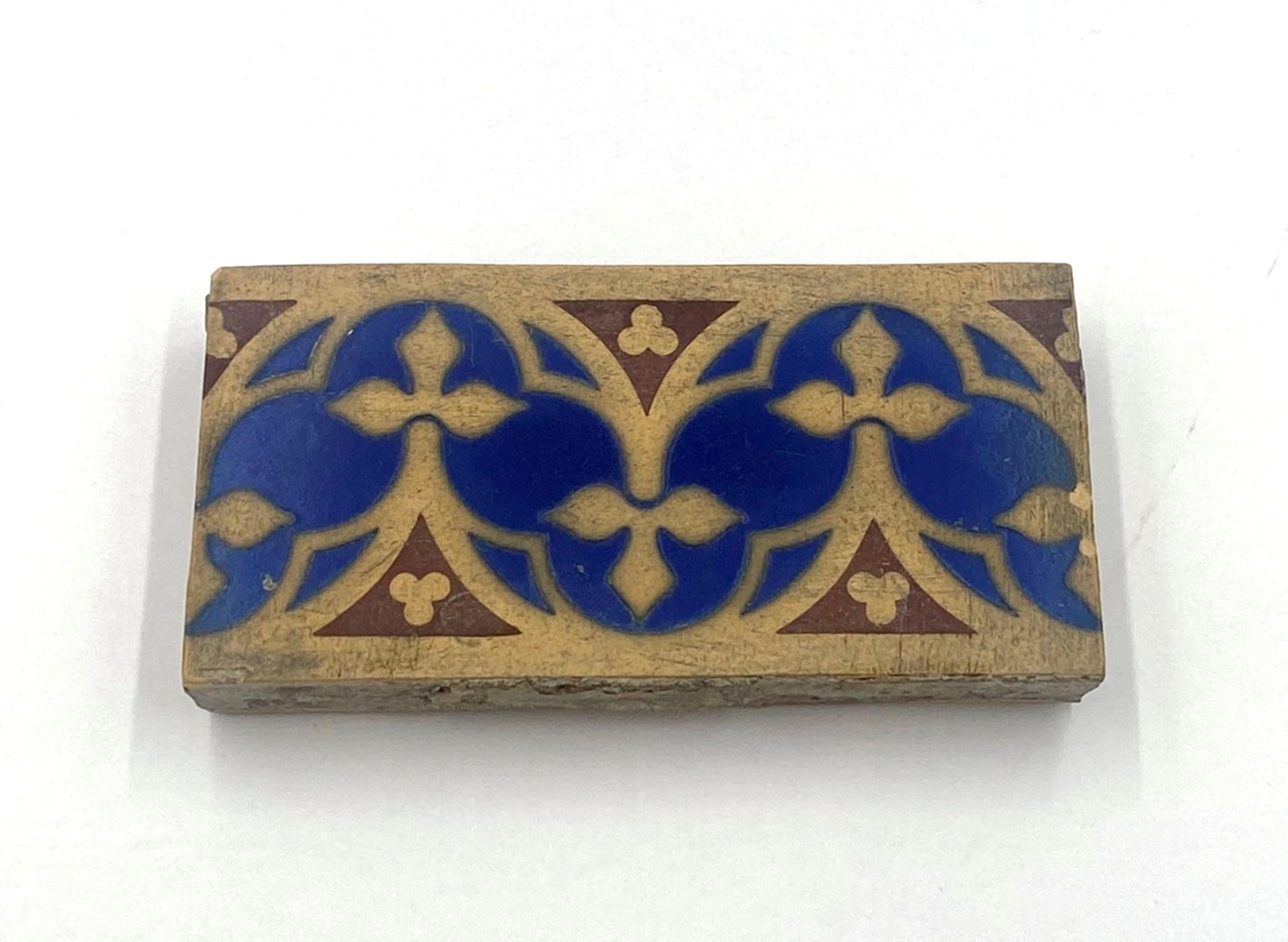 This antique encaustic tile set is red, blue, tan & white in color. The set includes 22 square feet total, which is 136 total tiles. Some tiles have chips from salvaging so maybe allow 20% leeway. Priced as a set. Please see main photo to see all