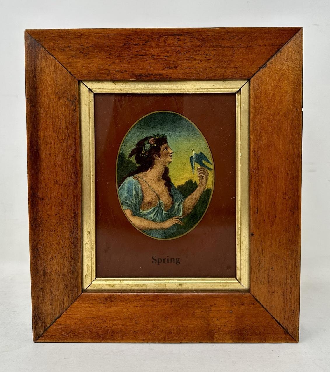 An imposing set of four Coloured oval framed Engravings of nice quality and of English origin. Third quarter of the 19th century. 

Each depicts a Victorian Lady in period dress within a gilt surround encased on a superb well figured bird’s-eye