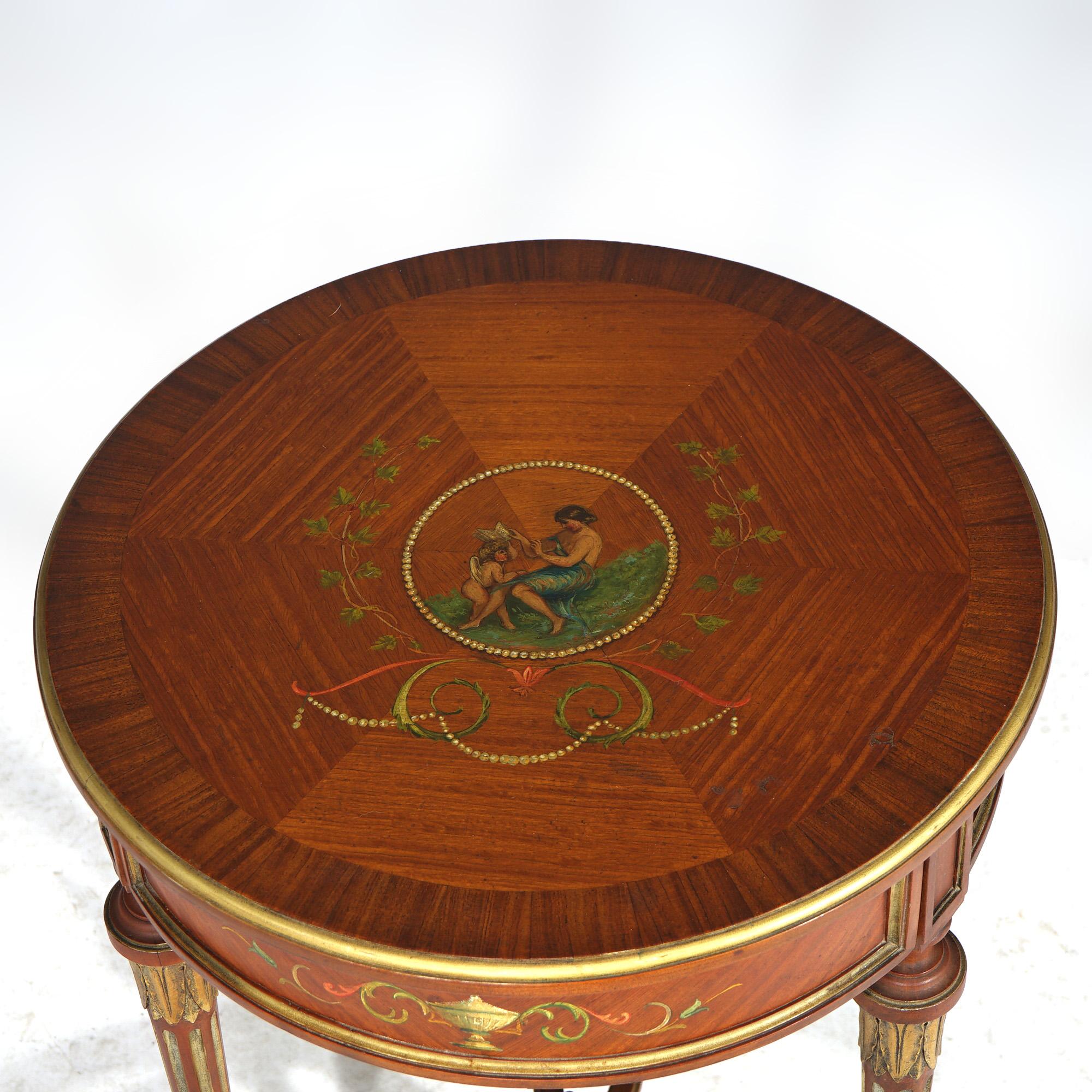 ***Ask About Lower In-House Shipping Rates - Reliable Service, Competitive Rates & Fully Insured***

An antique English side stand set offers satinwood construction with demilune center stand having double door opening to lower cabinet and two