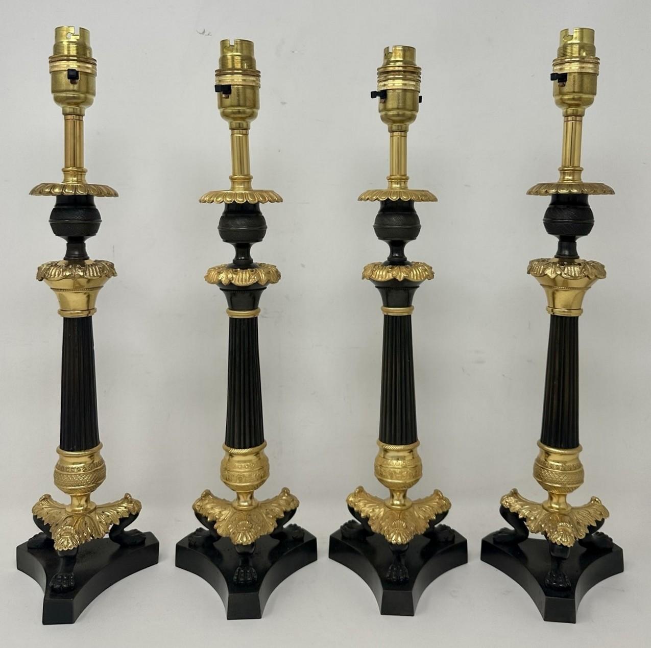 Victorian Antique Set Four French Doré Bronze Neoclassical Ormolu Candlesticks Lamps 19Ct  For Sale