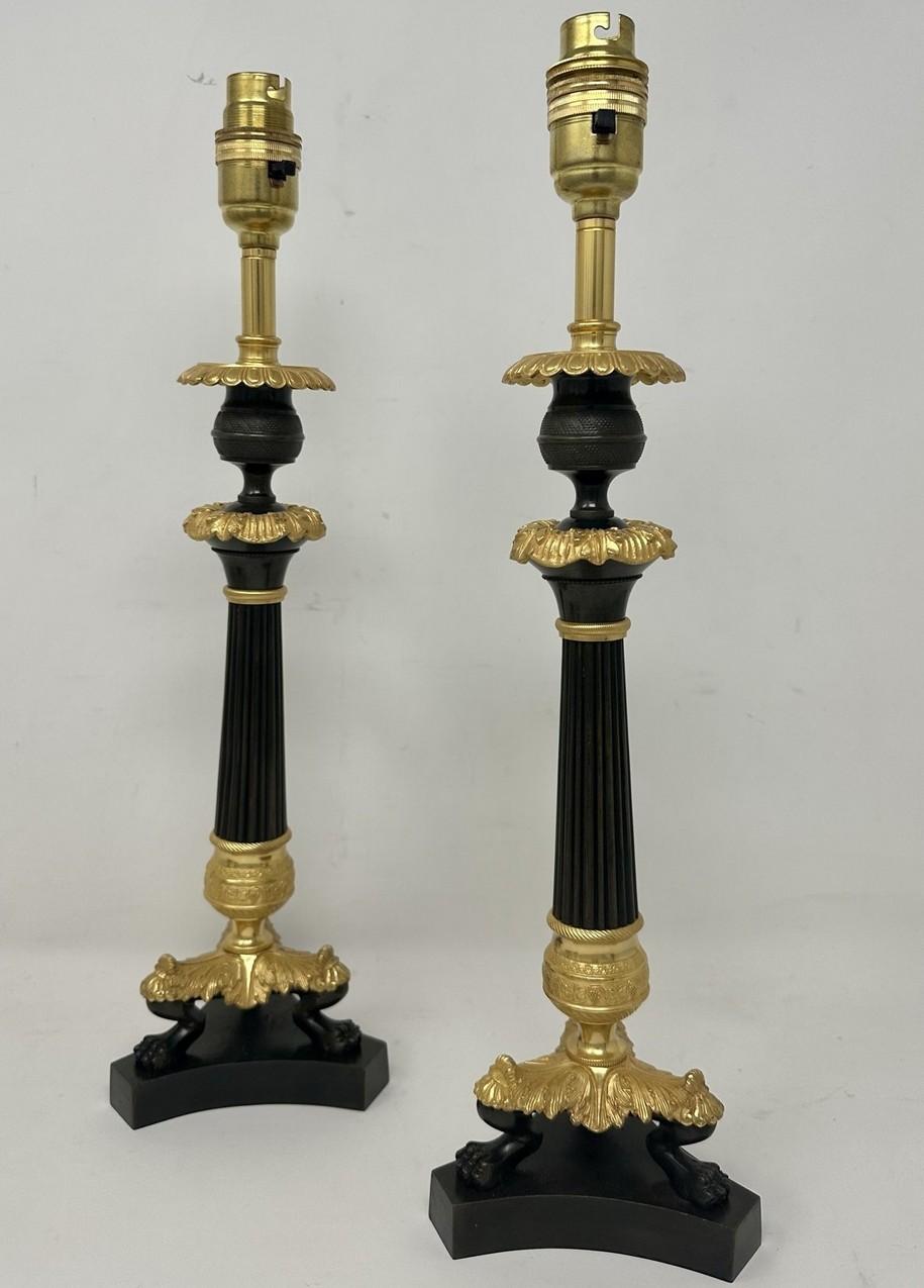 19th Century Antique Set Four French Doré Bronze Neoclassical Ormolu Candlesticks Lamps 19Ct  For Sale