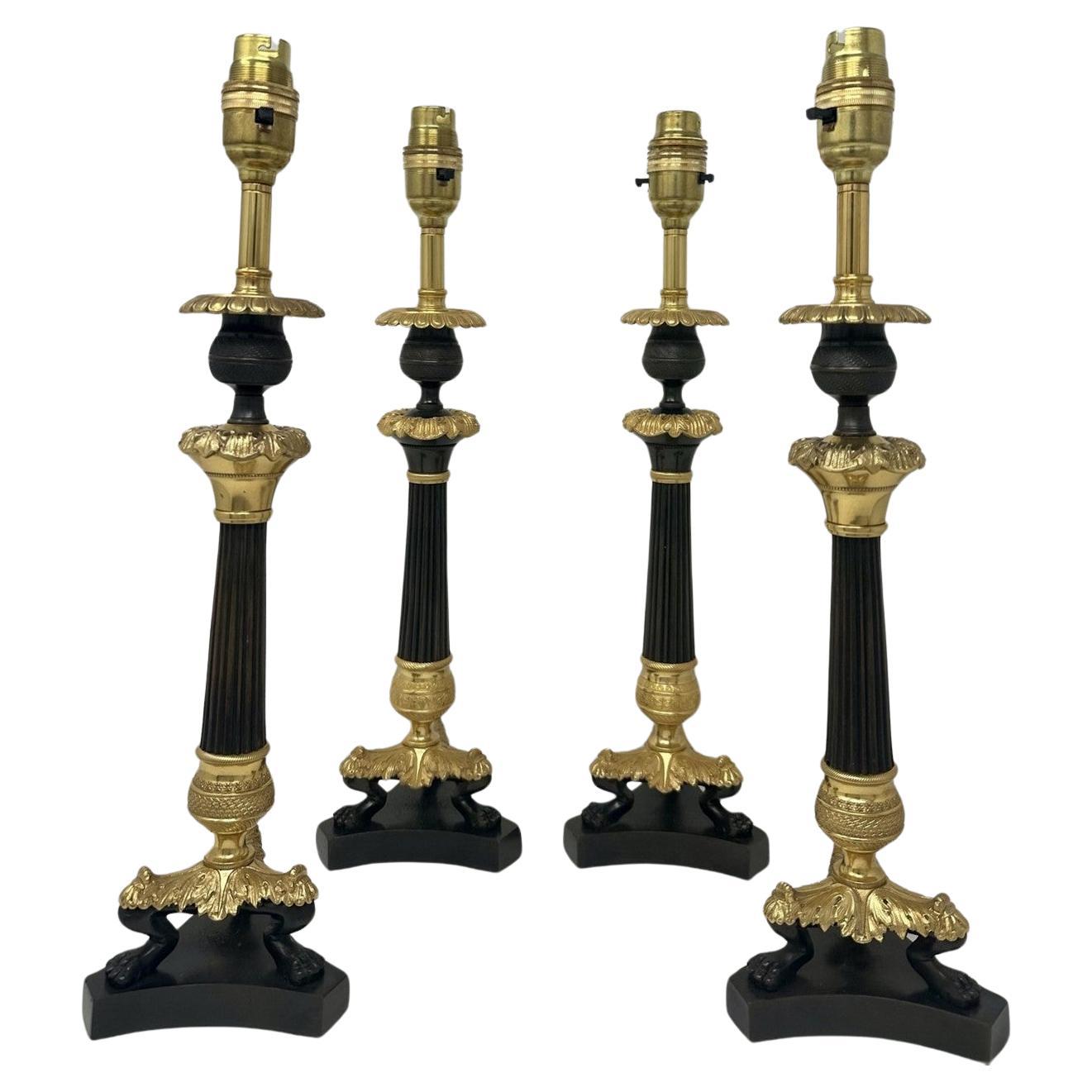 Antique Set Four French Doré Bronze Neoclassical Ormolu Candlesticks Lamps 19Ct  For Sale