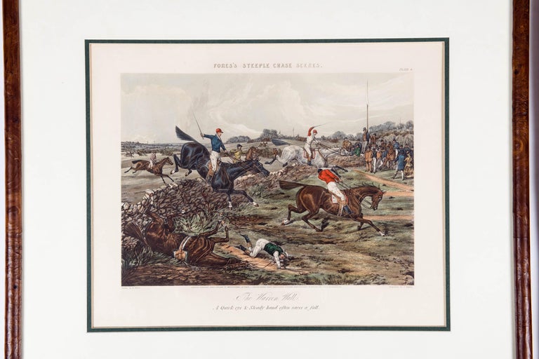Antique set of four late 19th century hand colored lithographs of forest steeple chase scenes. Each one is professionally matted in a burl wood frames. Each one is in excellent condition, minor wear consistent with use / age. Each frame measure