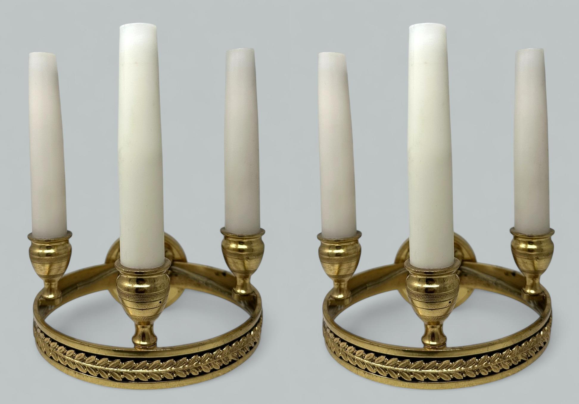 Victorian Antique Set Four Ormolu Gilt Bronze Treble Light Wall Electric Sconces Appliques For Sale