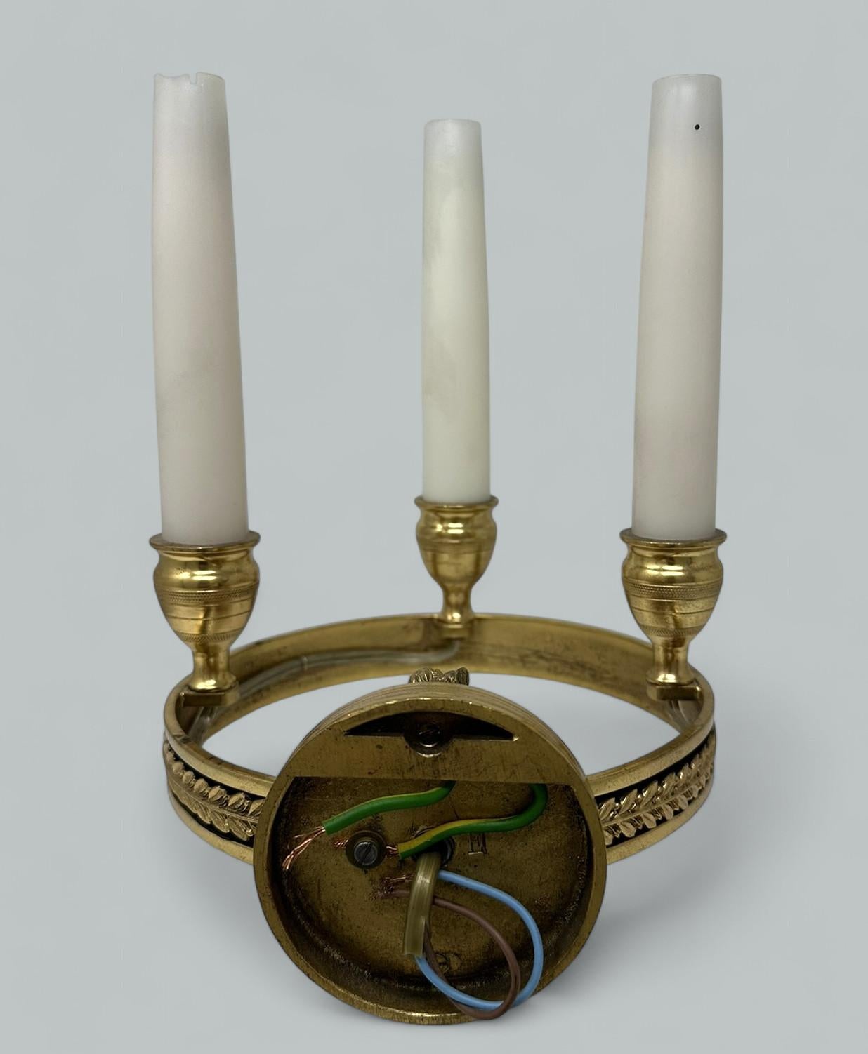 Antique Set Four Ormolu Gilt Bronze Treble Light Wall Electric Sconces Appliques For Sale 1