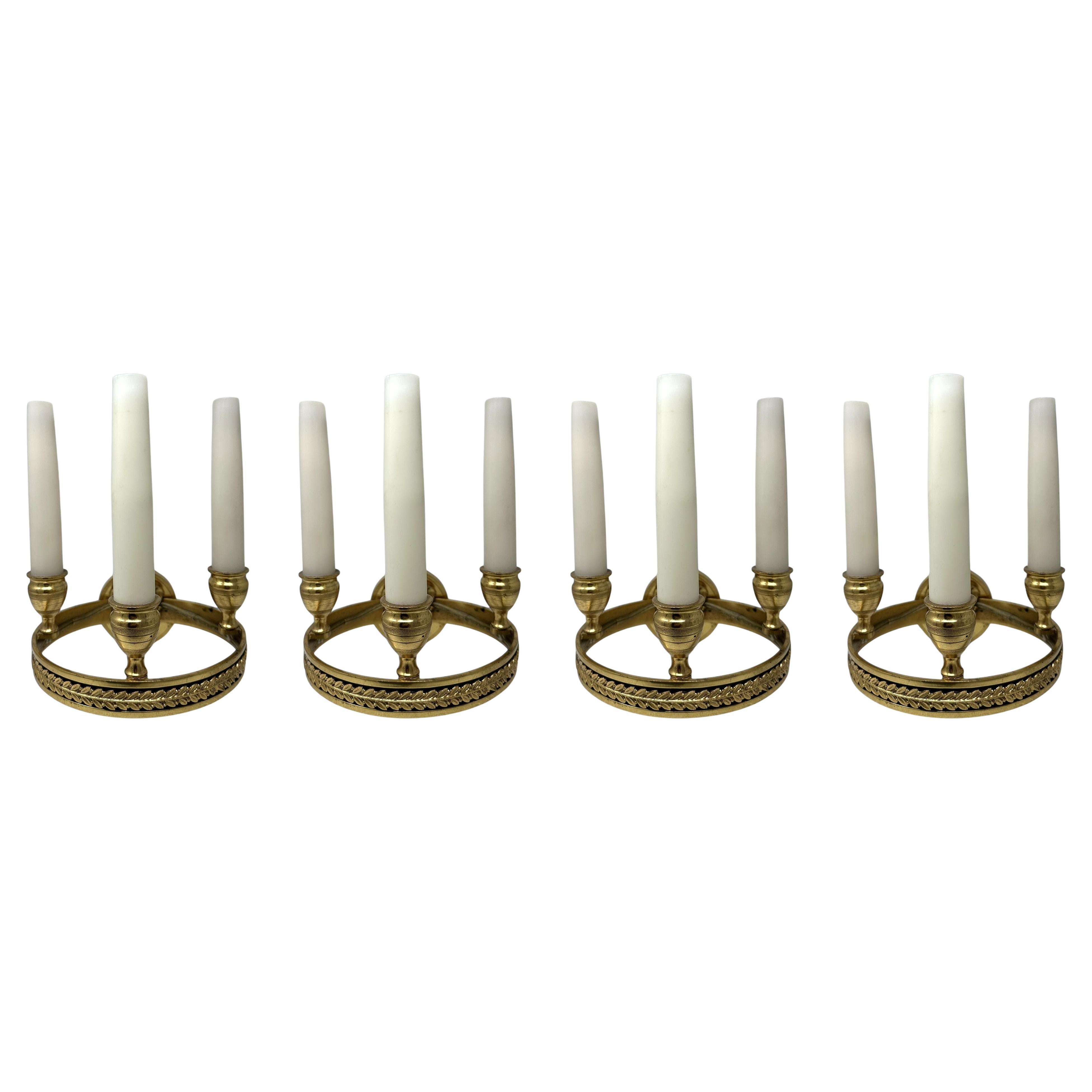Antique Set Four Ormolu Gilt Bronze Treble Light Wall Electric Sconces Appliques For Sale