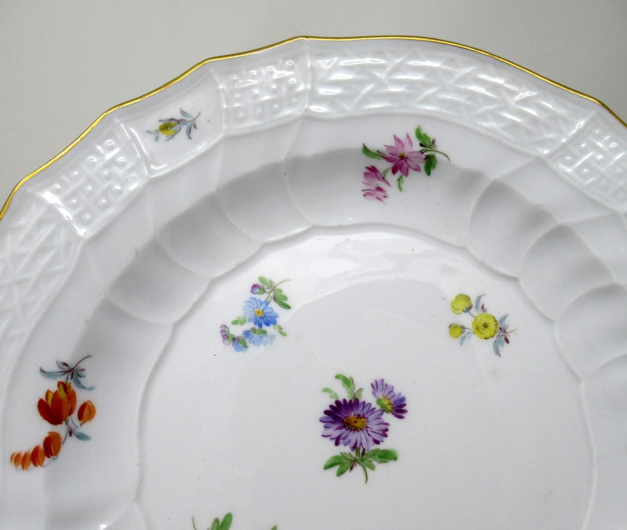19th Century Antique Set German Dresden Meissen Cabinet Plates Still Life Flowers Pair For Sale