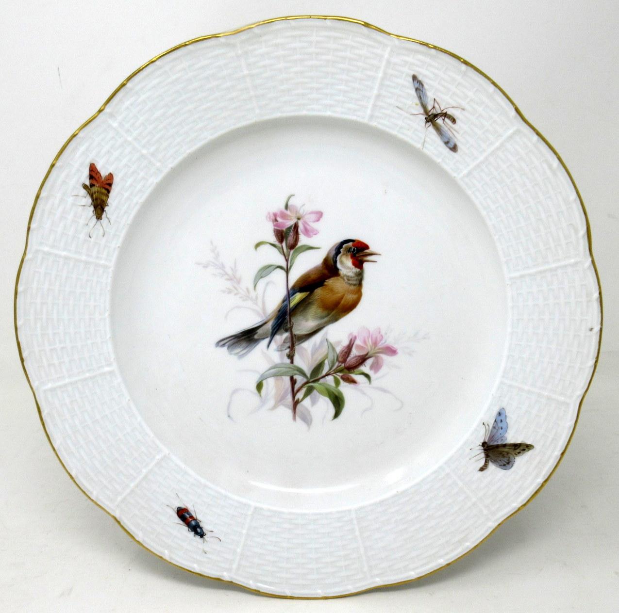 An exceptionally rare set of four German Meissen ornithological themed porcelain cabinet plates of circular outline, last quarter of the nineteenth century. 

Each central reserve exquisitely hand painted with views of decorative birds perched in