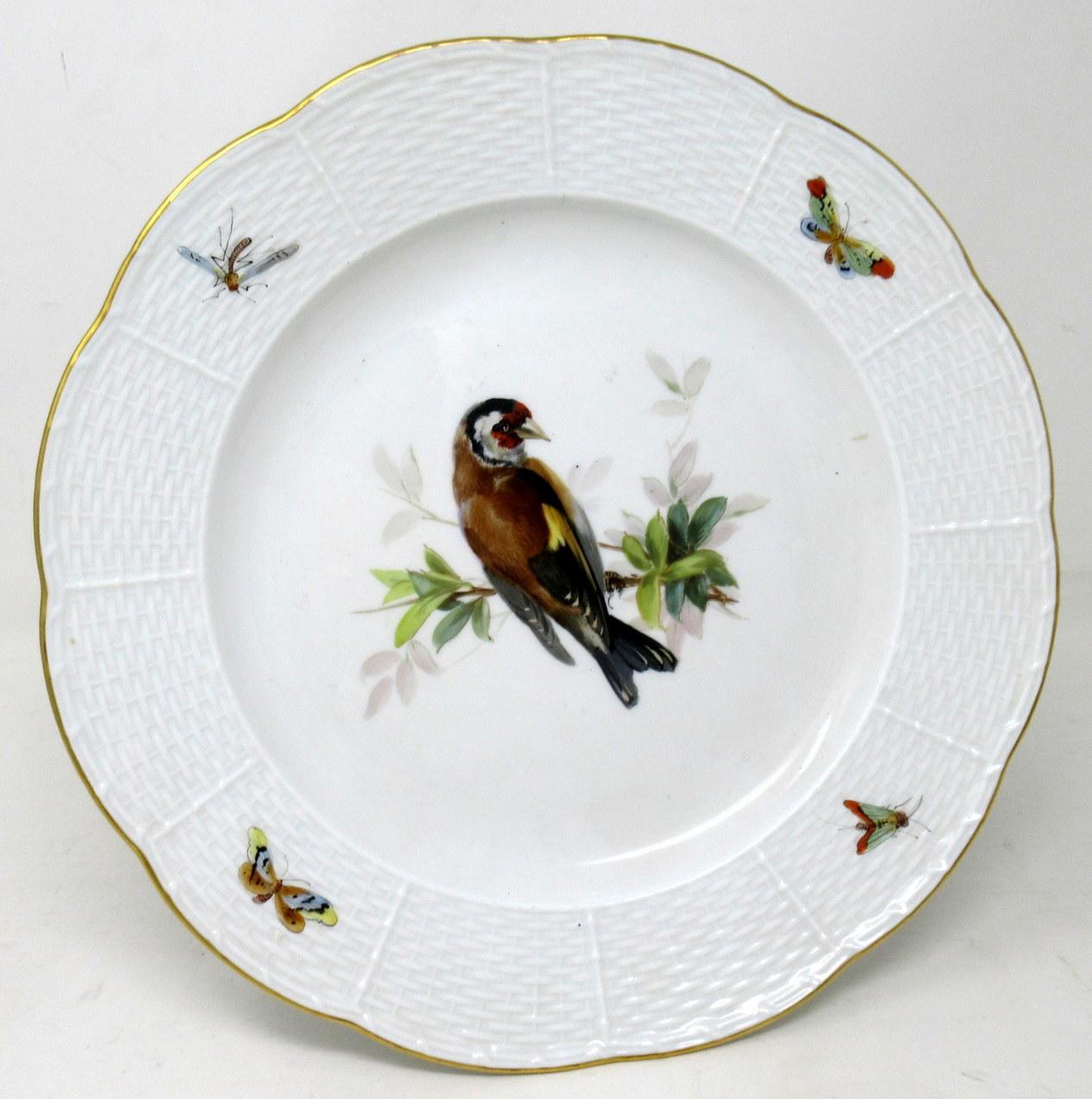 Hand-Painted Antique Set German Dresden Meissen Ornithological Bird Insect Cabinet Plates