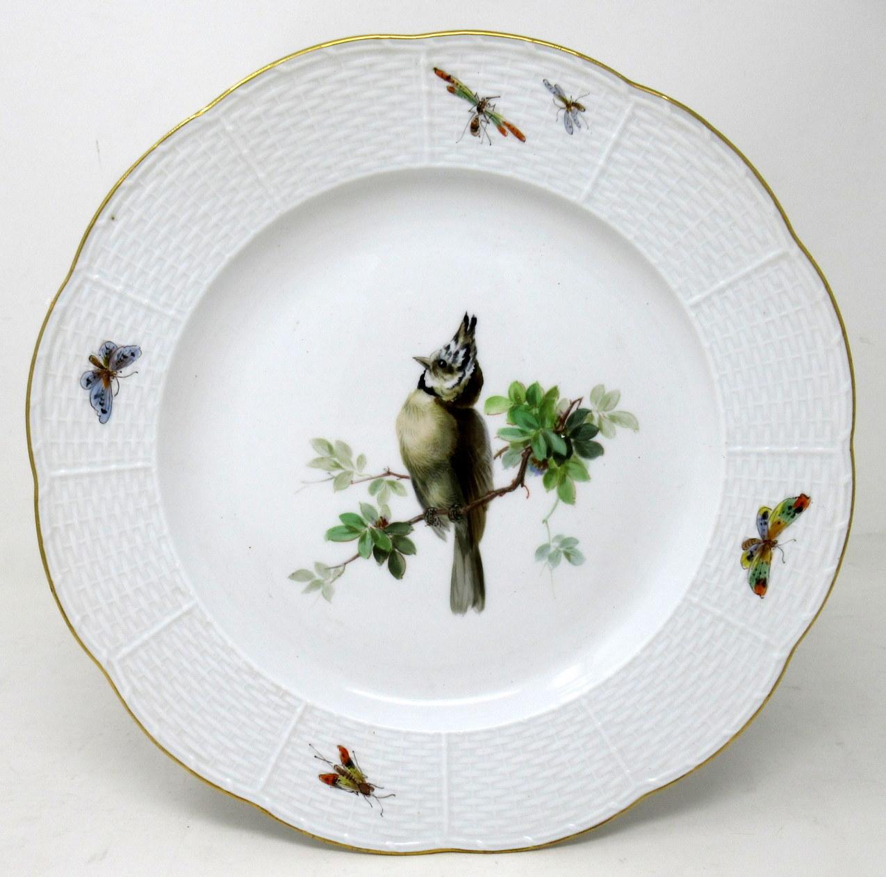 Antique Set German Dresden Meissen Ornithological Bird Insect Cabinet Plates In Good Condition In Dublin, Ireland