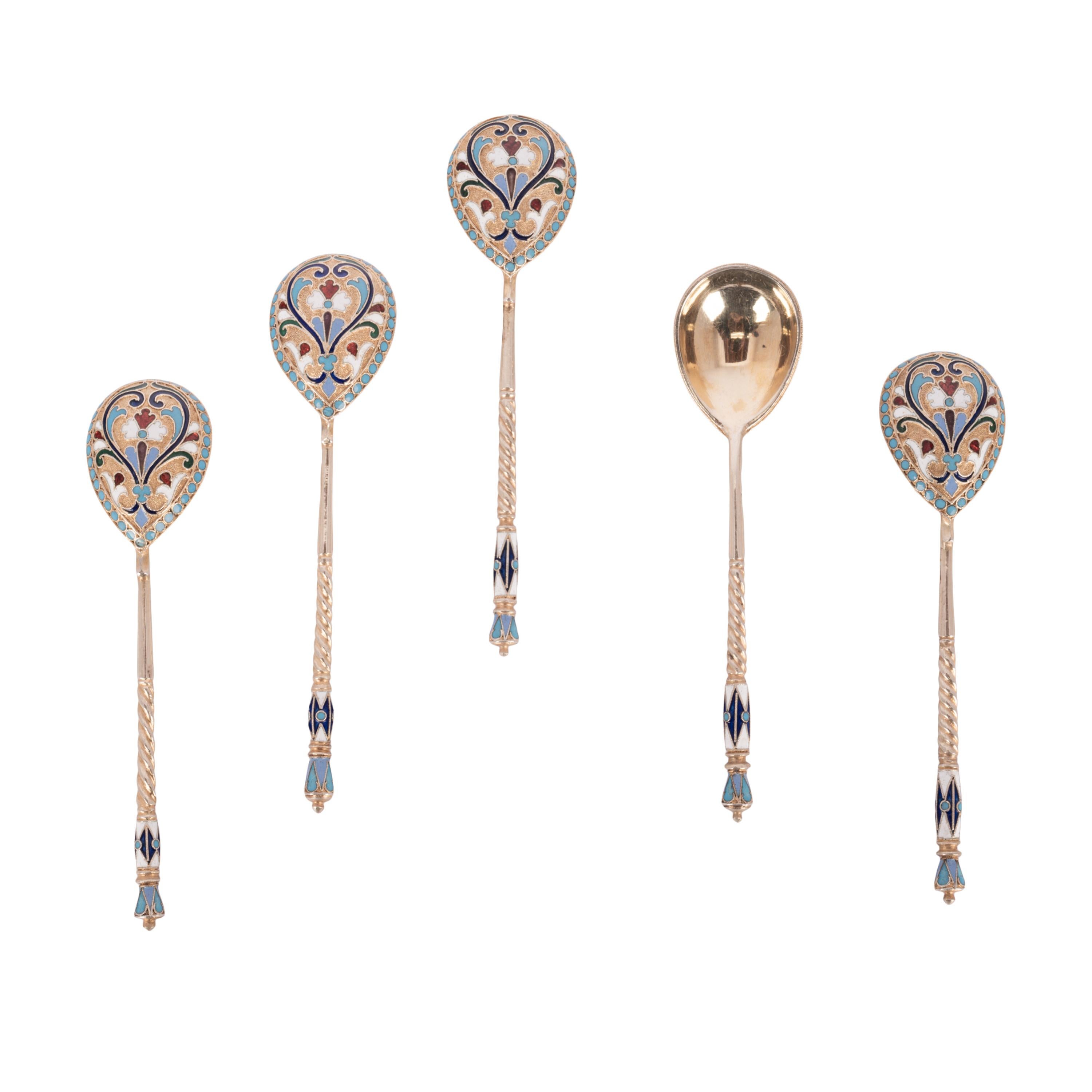 Late 19th Century Antique Set Imperial Russian Silver Gilt Cloisonne Spoons Feodosii Pekin Moscow For Sale