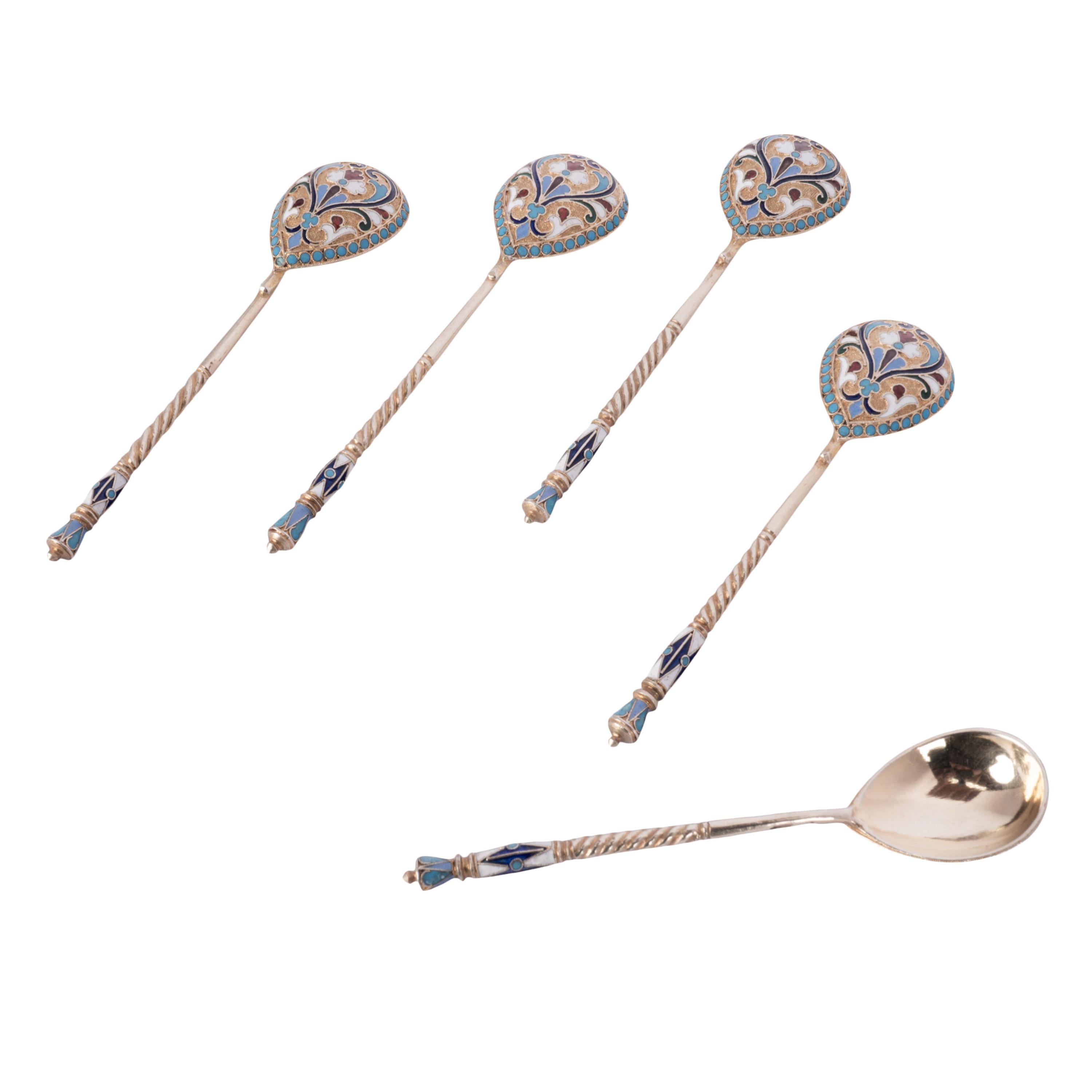 Antique Set Imperial Russian Silver Gilt Cloisonne Spoons Feodosii Pekin Moscow For Sale 2