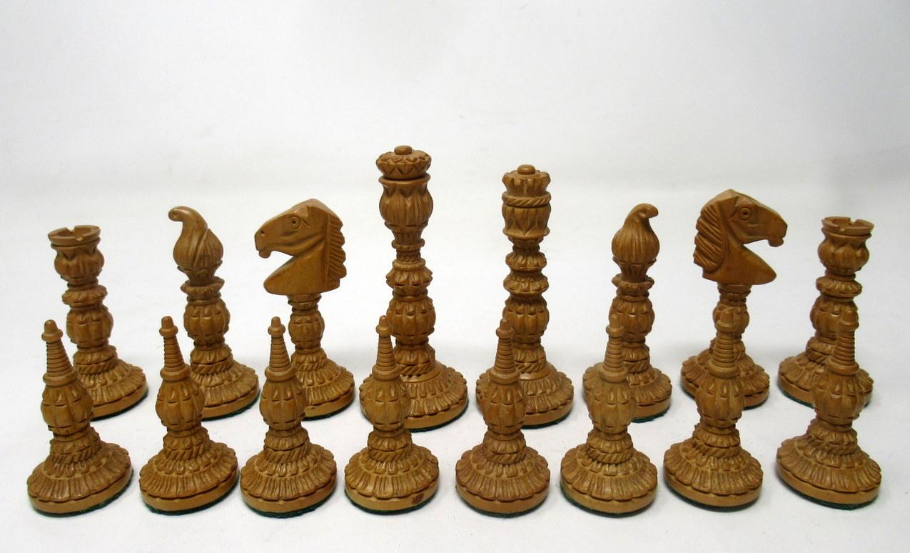 English Antique Set Jacques Staunton Hand Carved Boxwood Mahogany Chess Board Pieces 