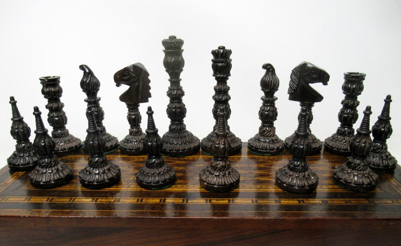 Polished Antique Set Jacques Staunton Hand Carved Boxwood Mahogany Chess Board Pieces 