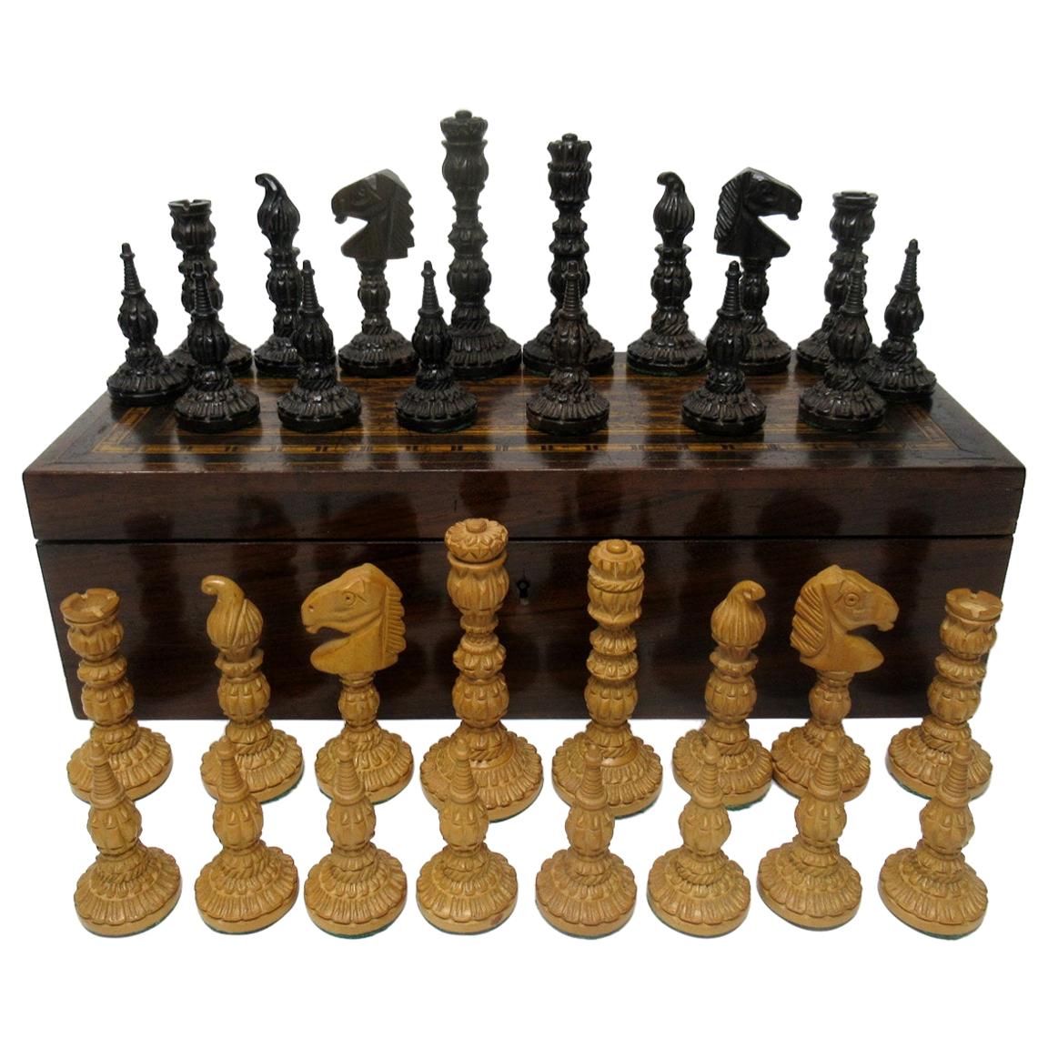 Antique Set Jacques Staunton Hand Carved Boxwood Mahogany Chess Board Pieces 
