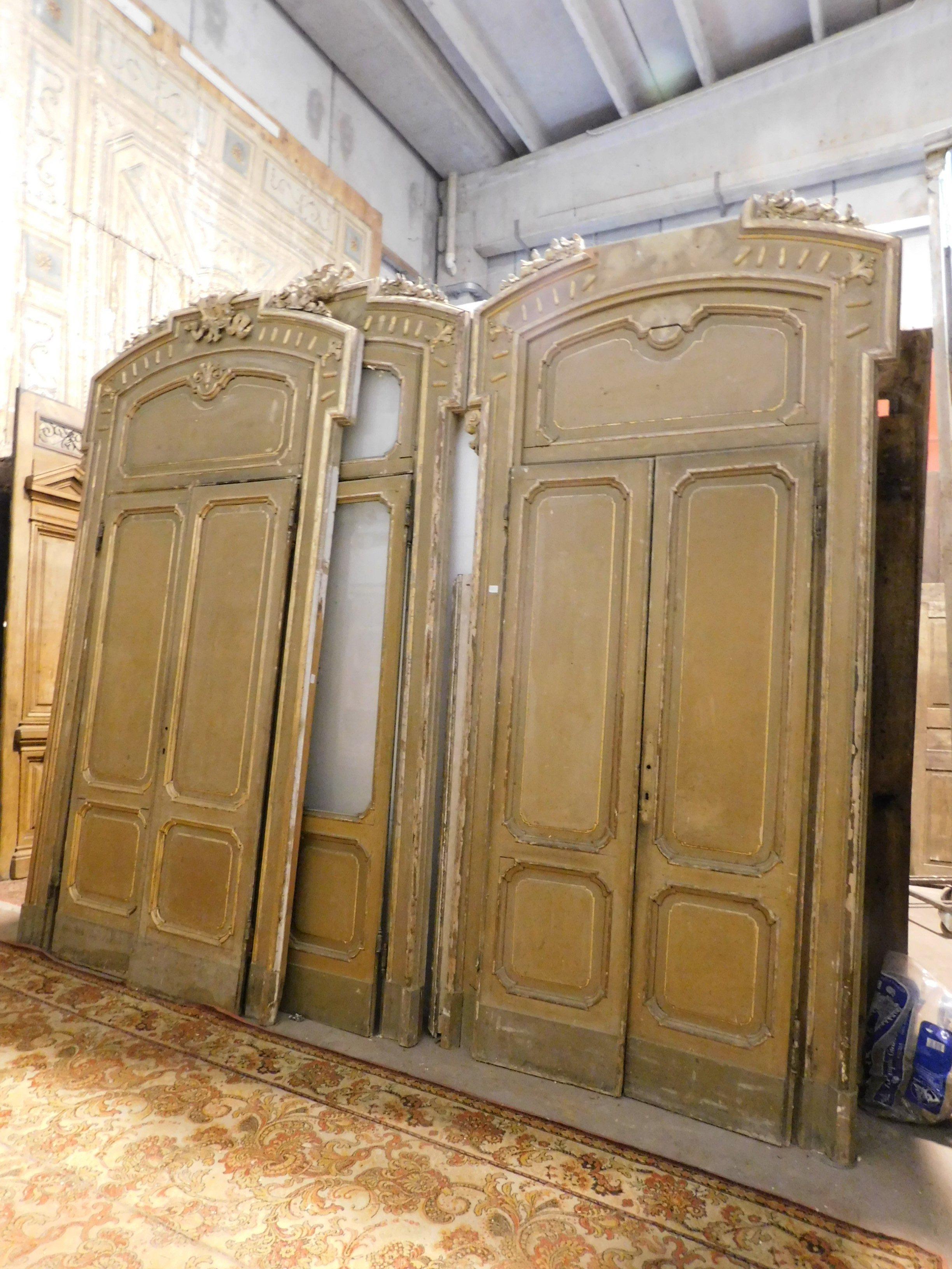 Antique Set N.4 Doors Wood Lacquered Gold Green, with Glass and Frame Milan 1800 For Sale 8
