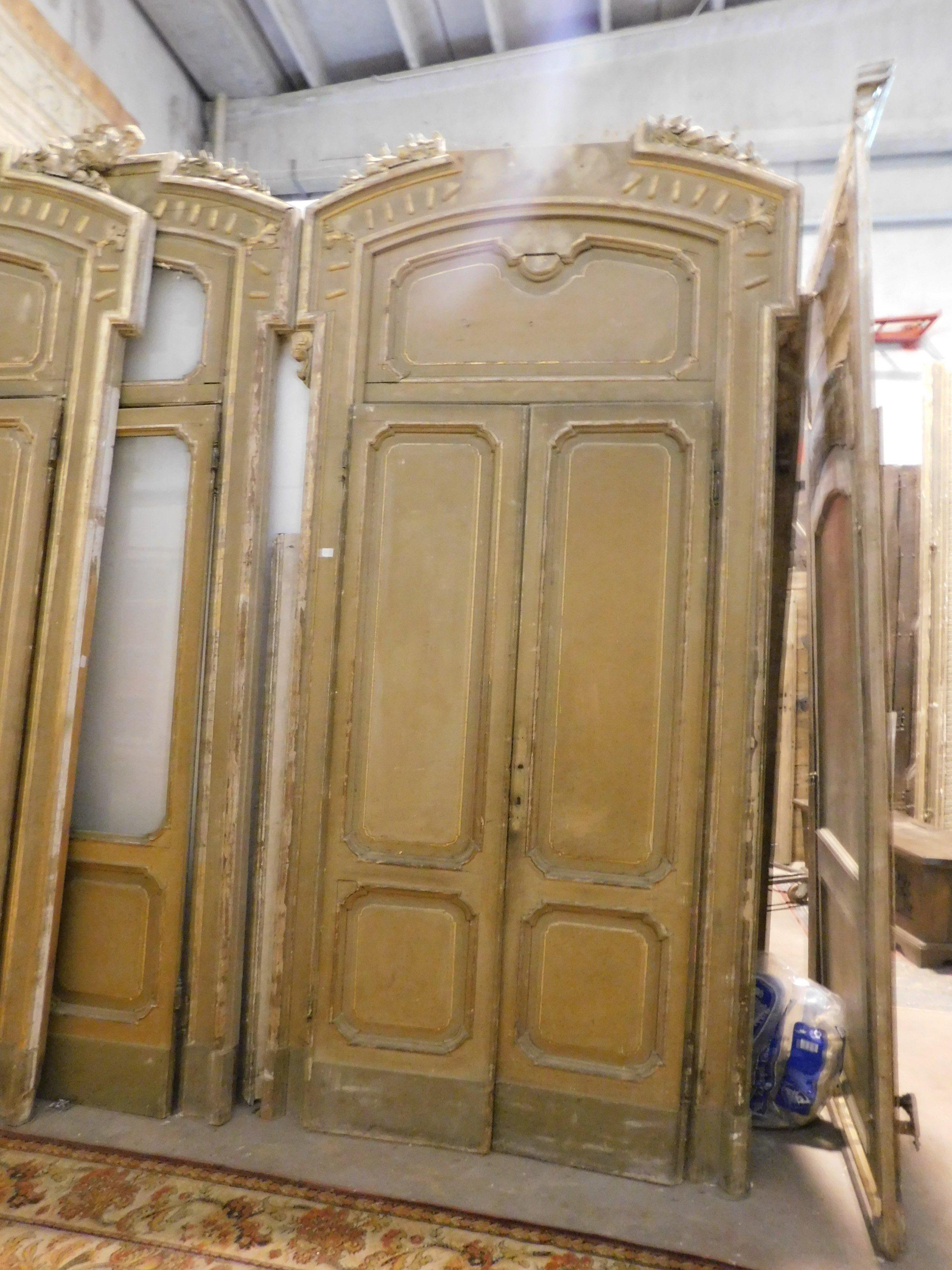 Italian Antique Set N.4 Doors Wood Lacquered Gold Green, with Glass and Frame Milan 1800 For Sale