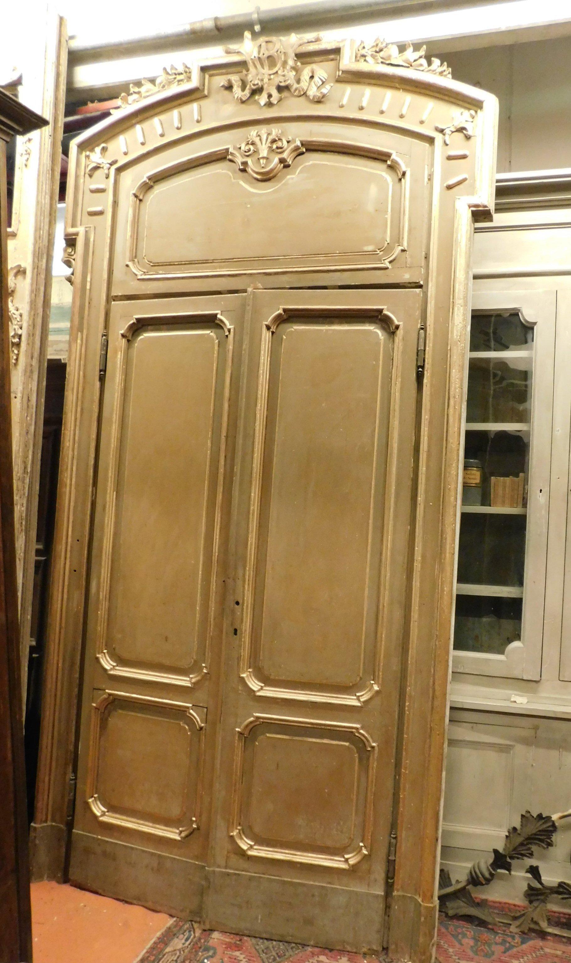 Antique Set N.4 Doors Wood Lacquered Gold Green, with Glass and Frame Milan 1800 For Sale 6