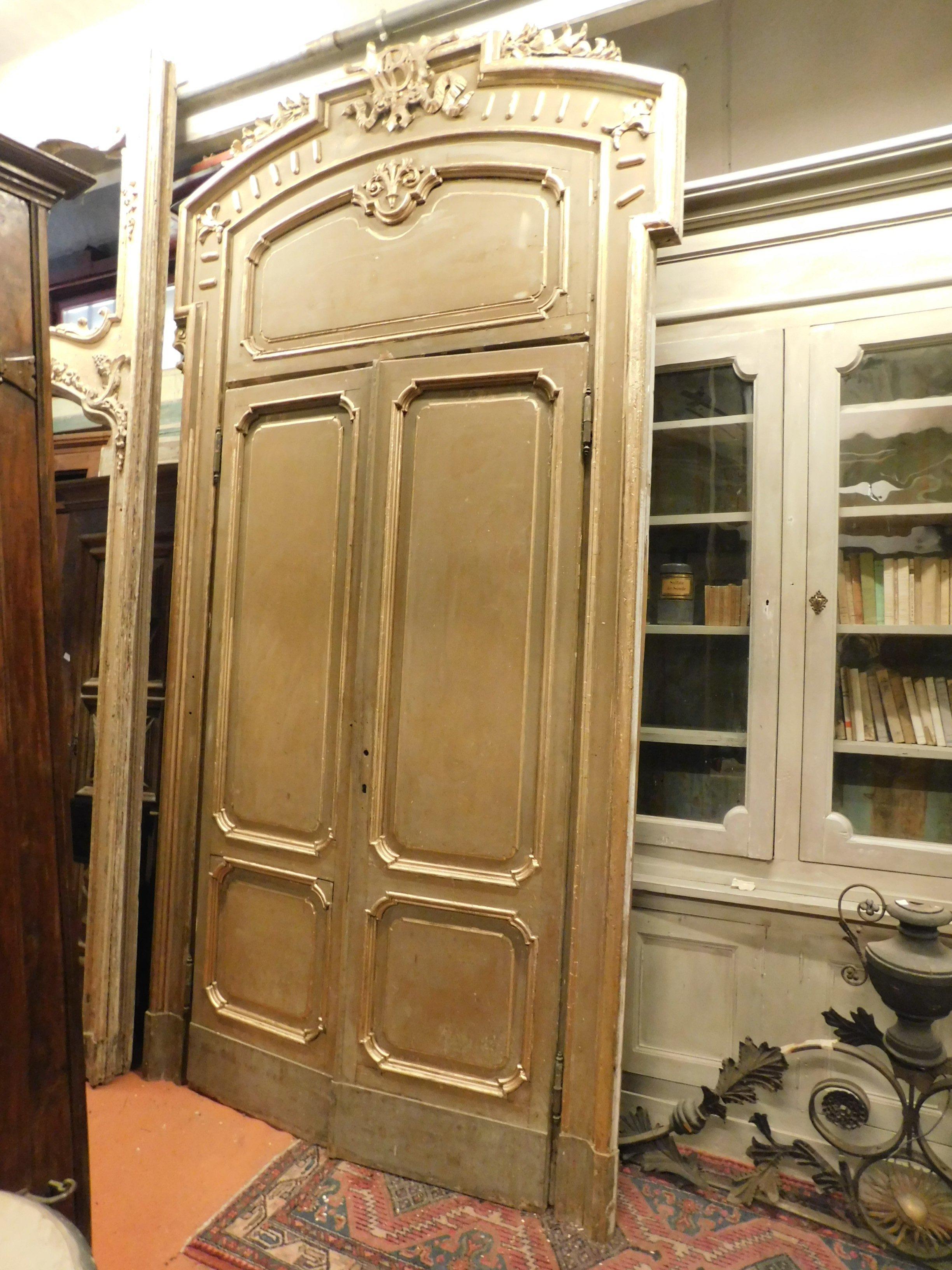 Antique Set N.4 Doors Wood Lacquered Gold Green, with Glass and Frame Milan 1800 In Good Condition For Sale In Cuneo, Italy (CN)