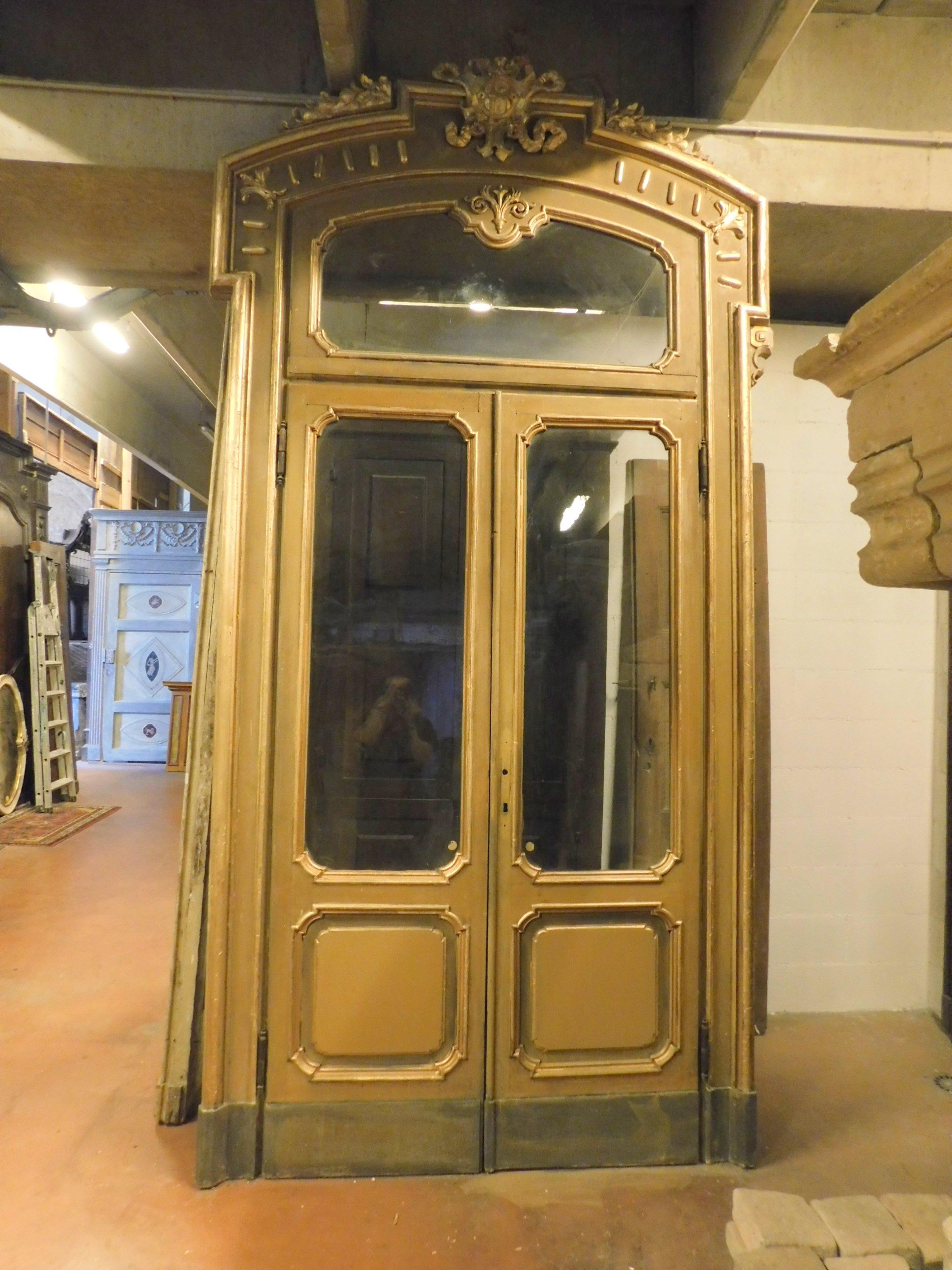 19th Century Antique Set N.4 Doors Wood Lacquered Gold Green, with Glass and Frame Milan 1800 For Sale