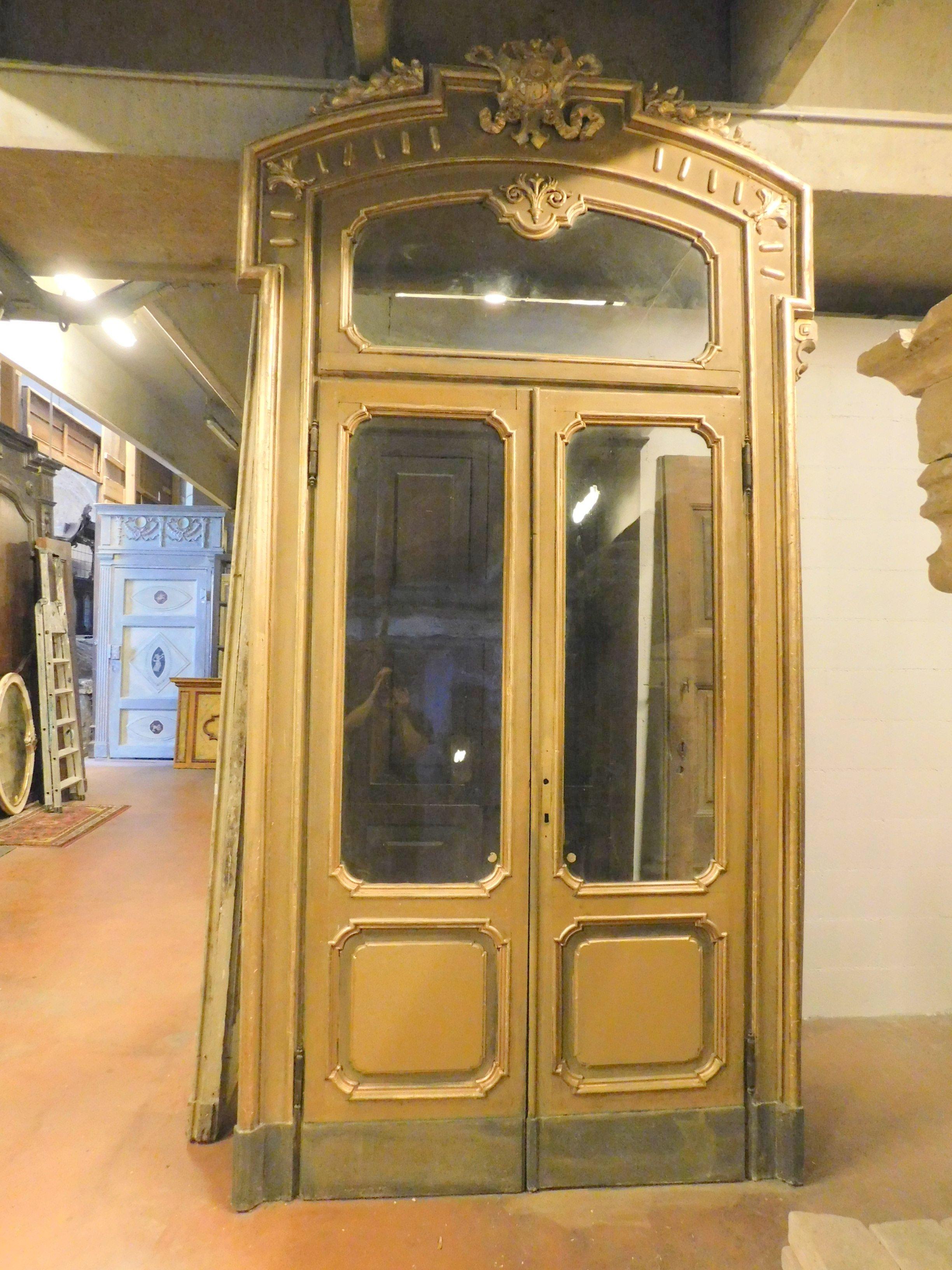 Antique Set N.4 Doors Wood Lacquered Gold Green, with Glass and Frame Milan 1800 For Sale 2
