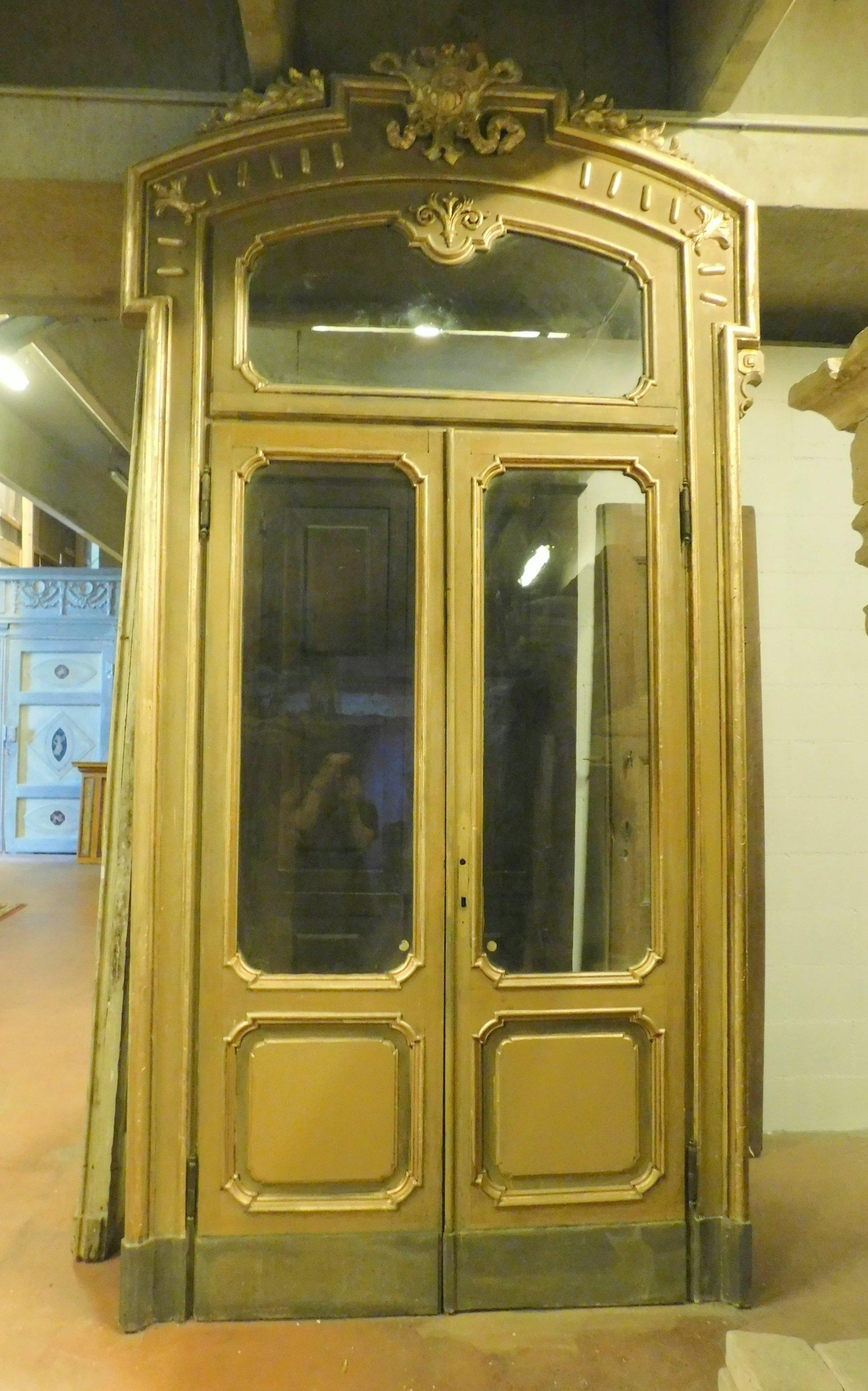 Antique Set N.4 Doors Wood Lacquered Gold Green, with Glass and Frame Milan 1800 For Sale 3