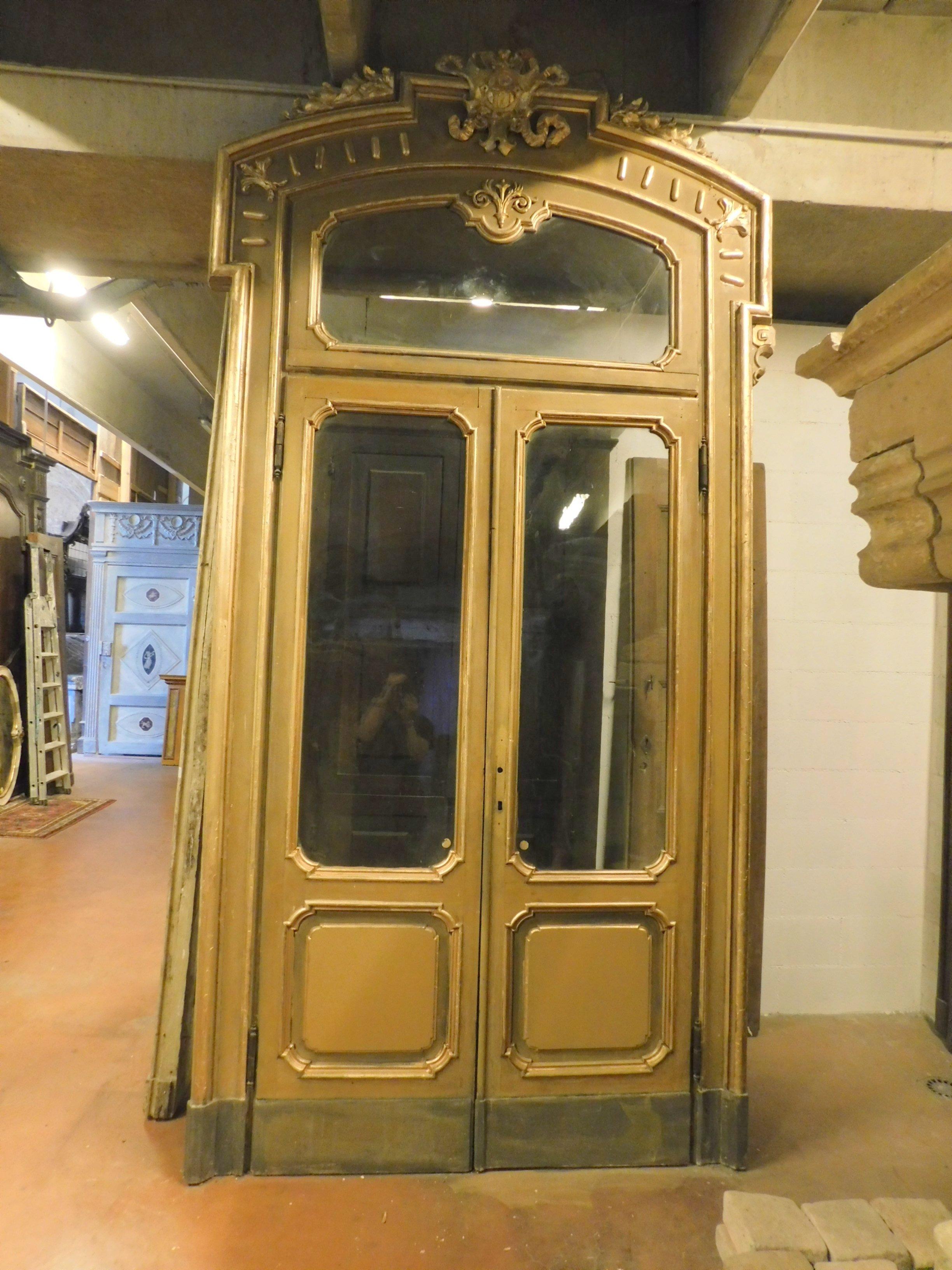Antique Set N.4 Doors Wood Lacquered Gold Green, with Glass and Frame Milan 1800 For Sale 4