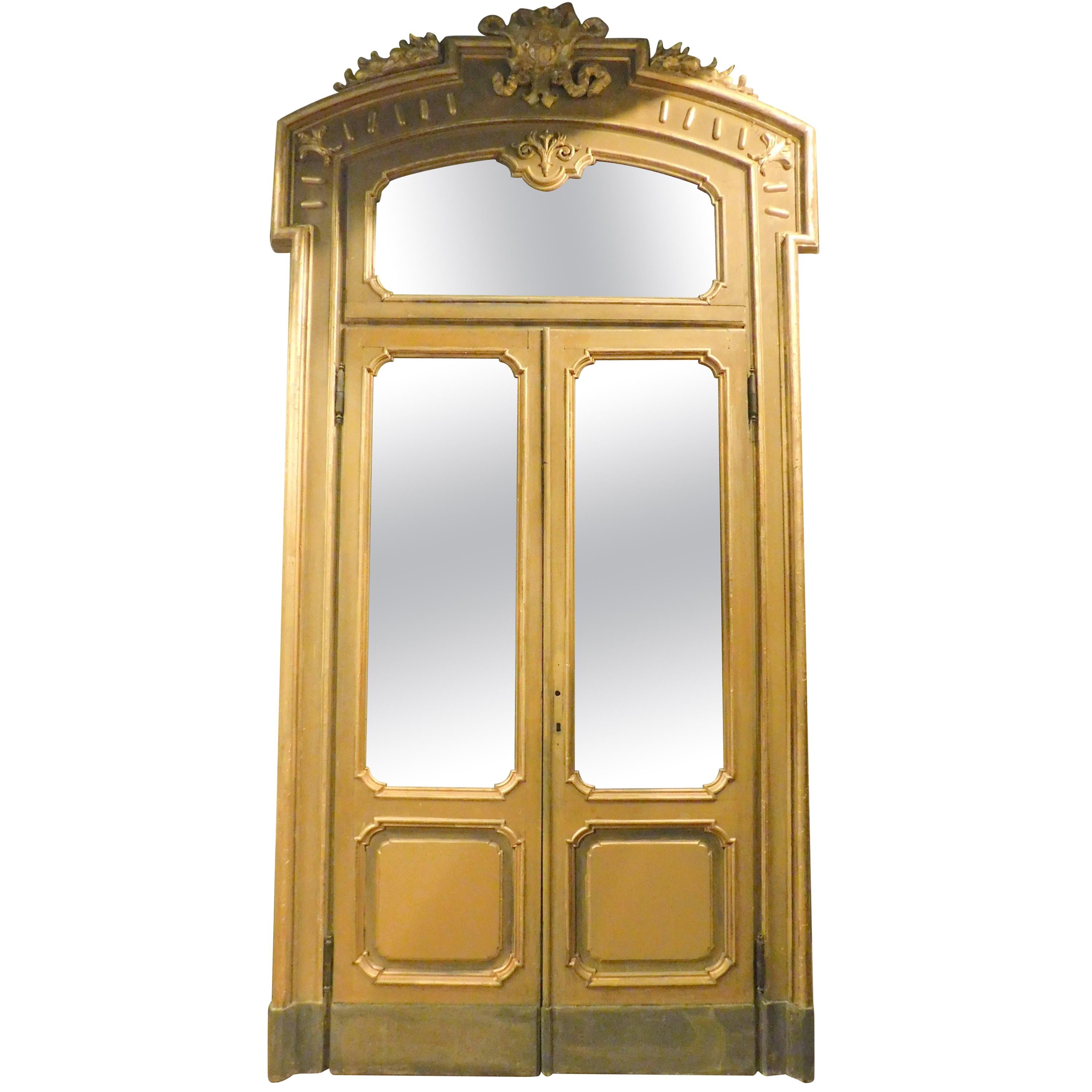 Antique Set N.4 Doors Wood Lacquered Gold Green, with Glass and Frame Milan 1800