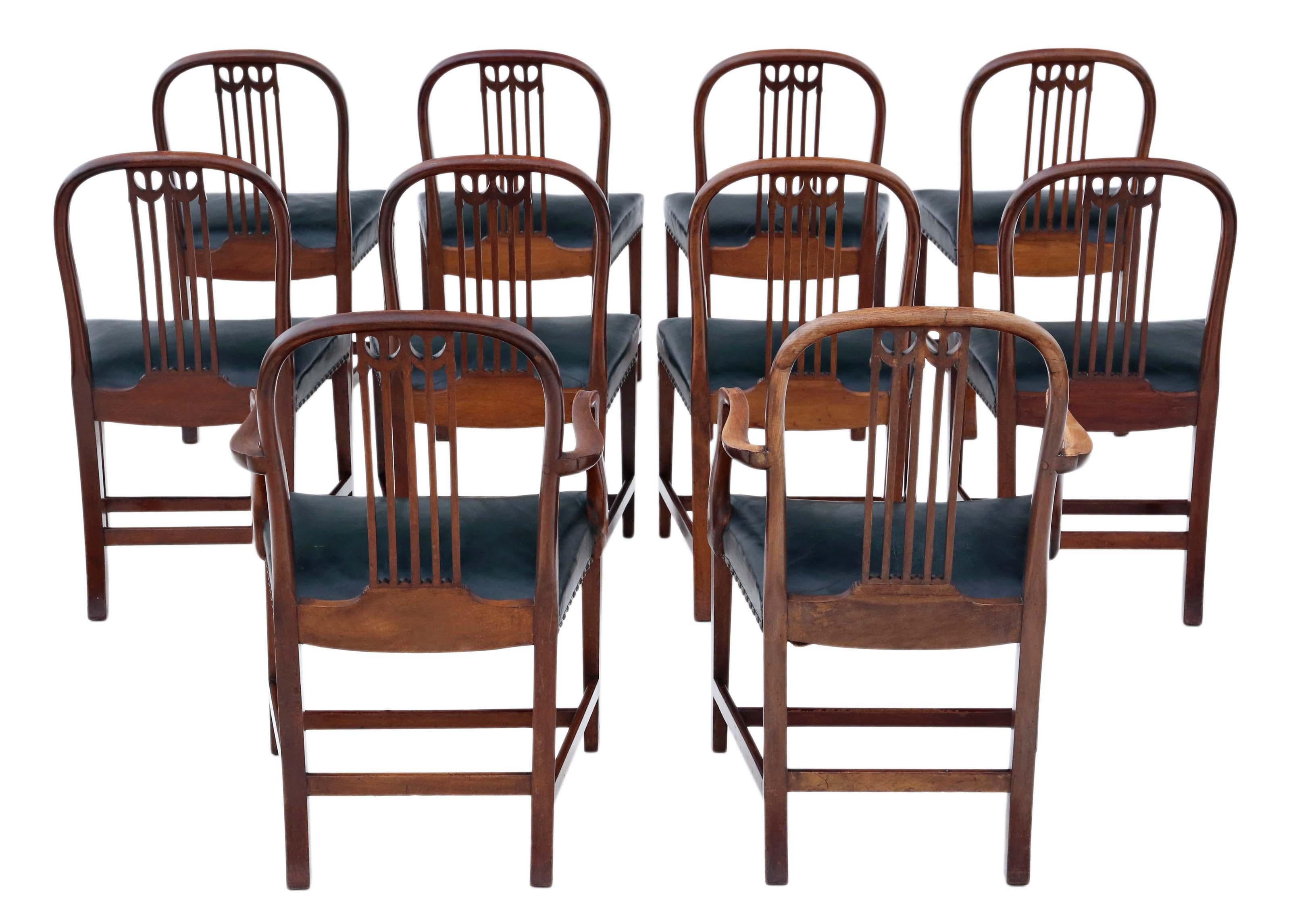 Antique quality set of 10 (8+2) mahogany dining chairs, 19th century. The very best color and patina. Very rare!

Solid with no loose joints and no woodworm. Lovely elegant design.

The green leather seats are in good condition (some minor