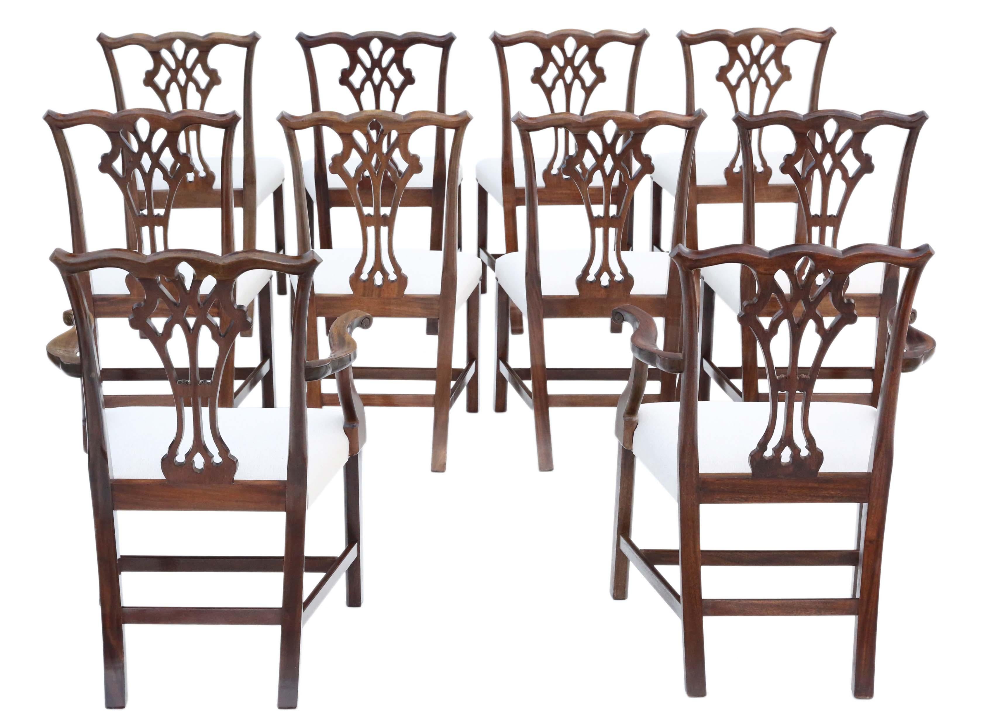 Antique fine quality set of 10 (8+2) mahogany Georgian revival C1920-50 dining chairs ribbon back. Large generous seats.

No loose joints and no woodworm.

Professionally reupholstered.

Overall maximum dimensions:

Carver 65cmW x 53cmD x