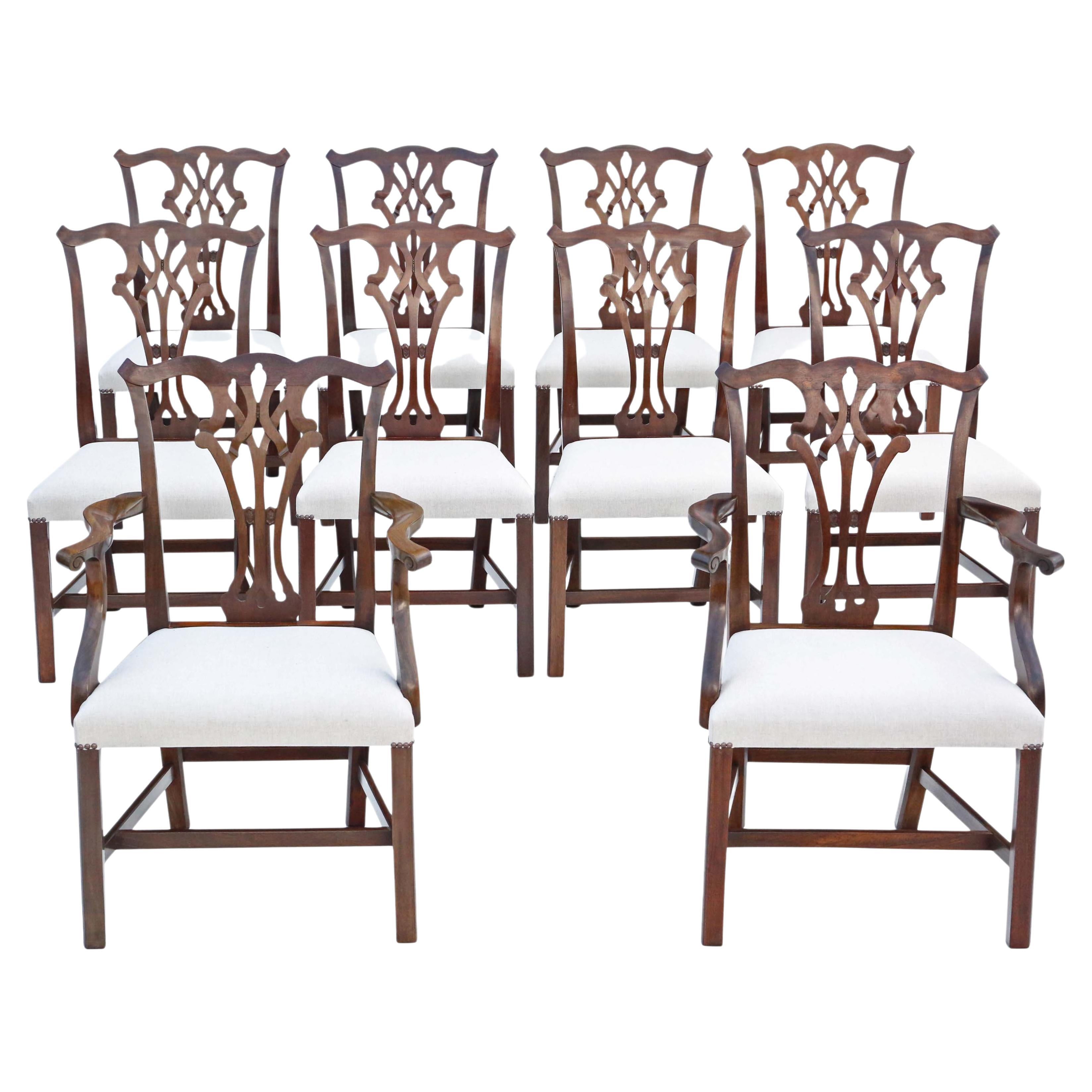 Antique Set of 10 '8+2' Mahogany Georgian Revival Dining Chairs Ribbon Back