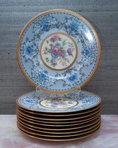 Antikes Set aus 10 blauen, geblümten Limoges-Tellern für J.E. Caldwell