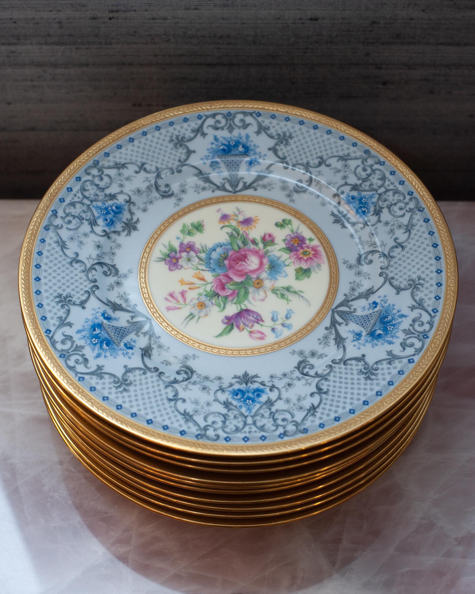 French Antique Set of 10 Blue Floral Limoges Dishes for J.E. Caldwell For Sale