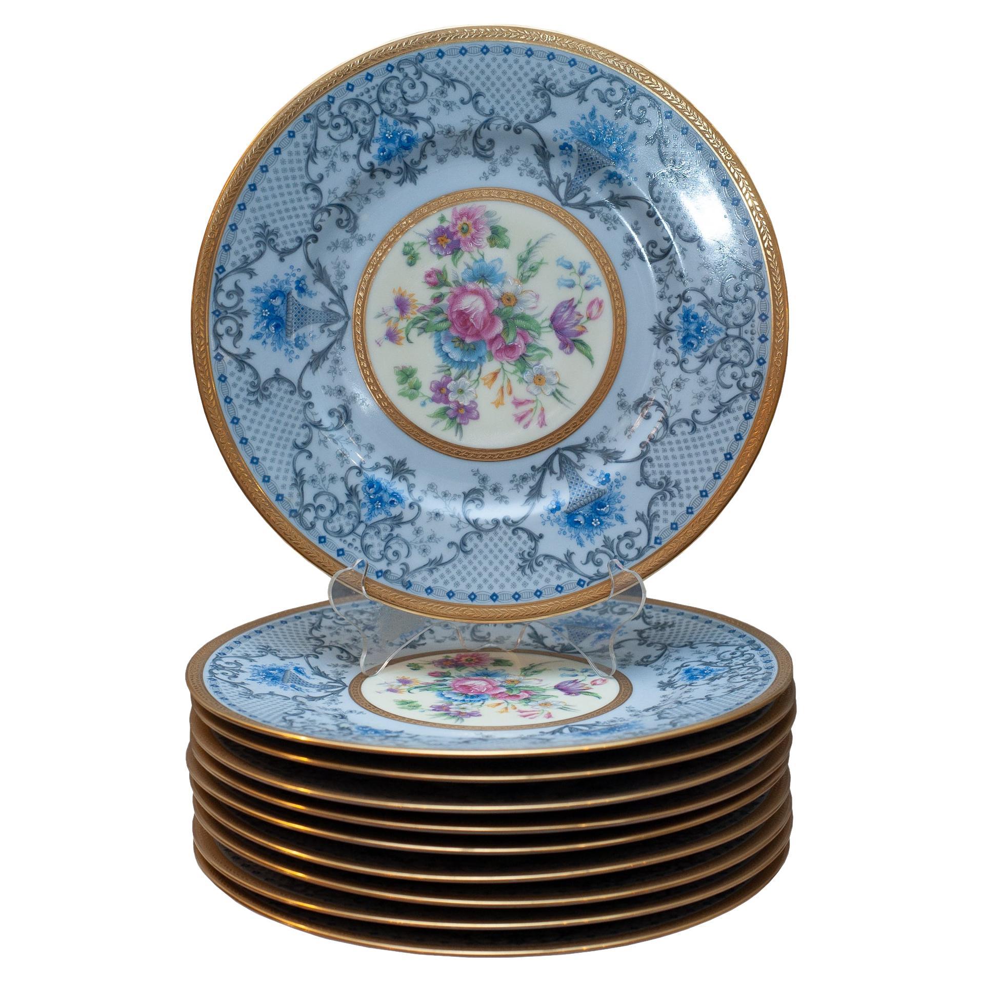 Antikes Set aus 10 blauen, geblümten Limoges-Tellern für J.E. Caldwell
