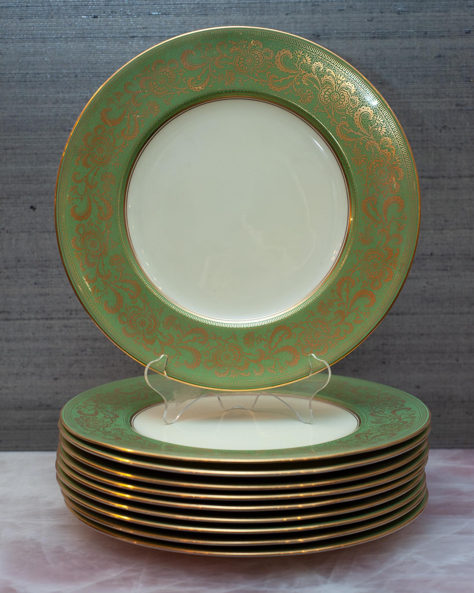 A beautiful set of 10 Antique green and gold dinner plates by Cauldon England for Reizenstein and Sons, Pittsburg. 