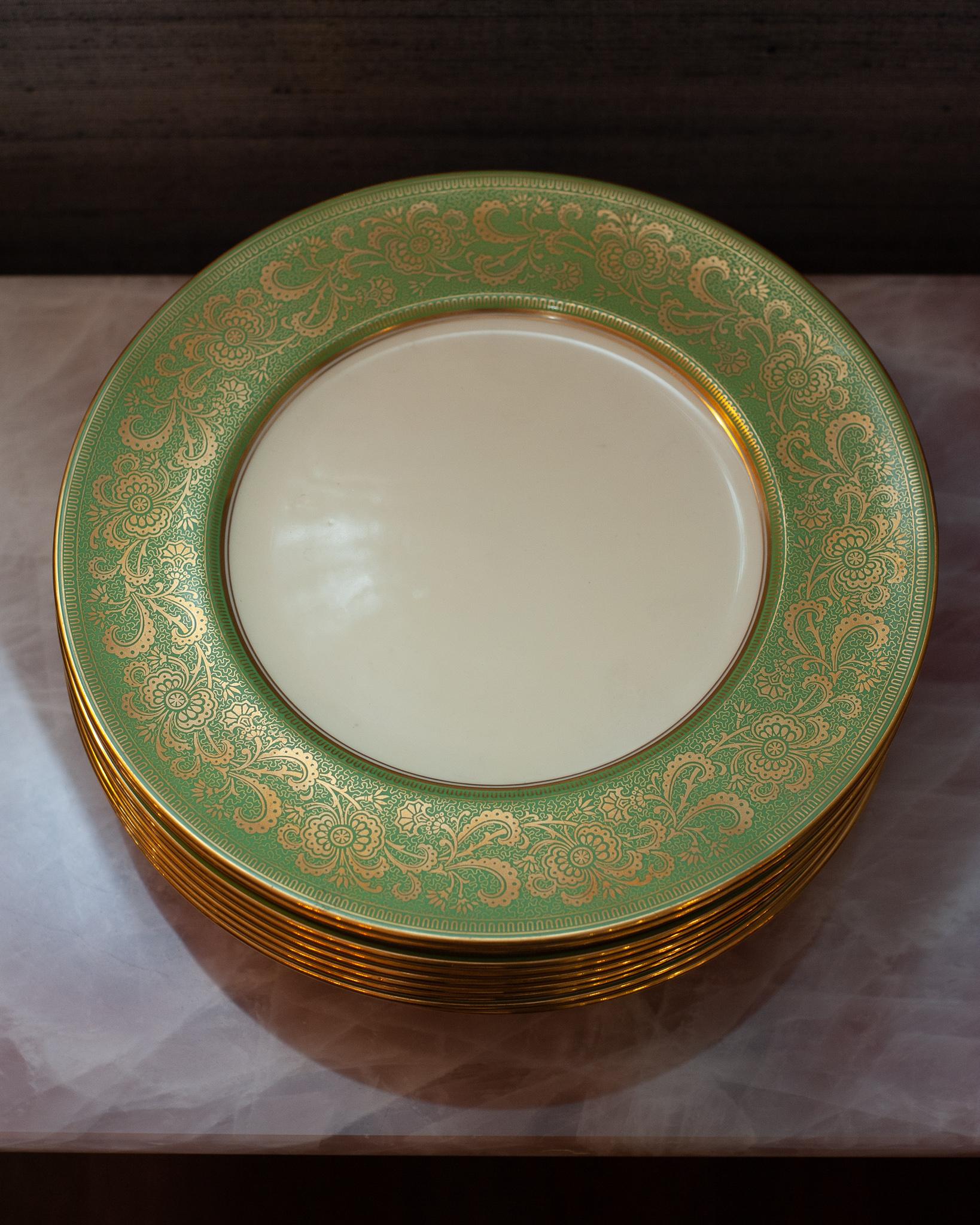 English Antique Set of 10 Cauldon Green and Gold Dinner Plates for Reizenstein and Sons For Sale