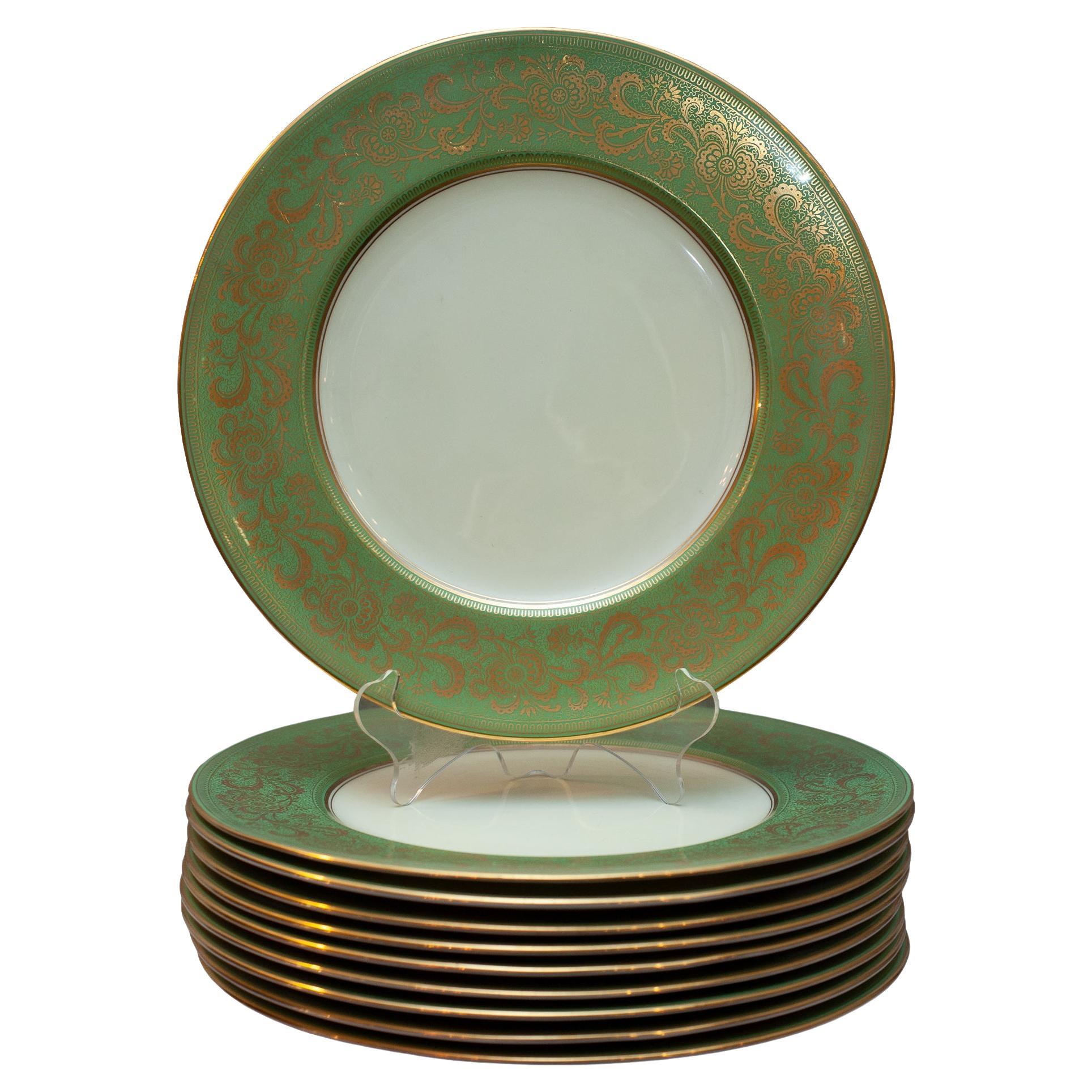 Antique Set of 10 Cauldon Green and Gold Dinner Plates for Reizenstein and Sons For Sale
