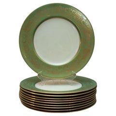 Antique Set of 10 Cauldon Green and Gold Dinner Plates for Reizenstein and Sons