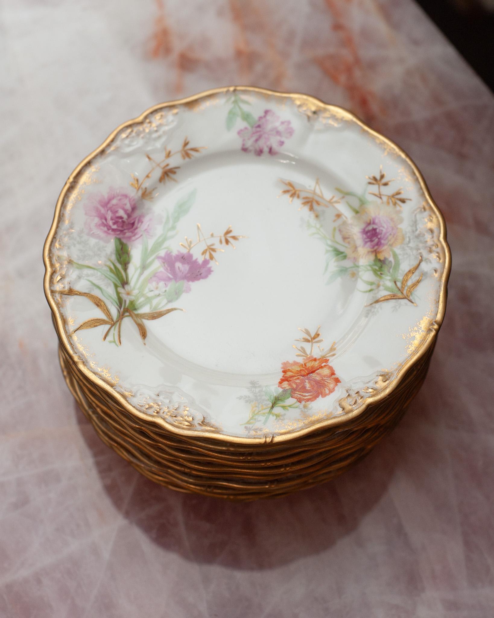 French Antique Set of 10 Floral Gilded Side Plates for J. E. Caldwell