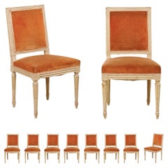 Antique Set of 10 French Louis XVI Style Carved & Upholstered Dining Chairs