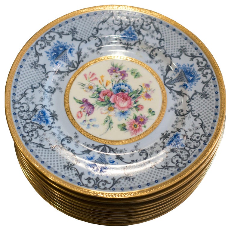 Antique Set of 10 Limoges for J. E. Caldwell Floral and Gilt Plates For Sale