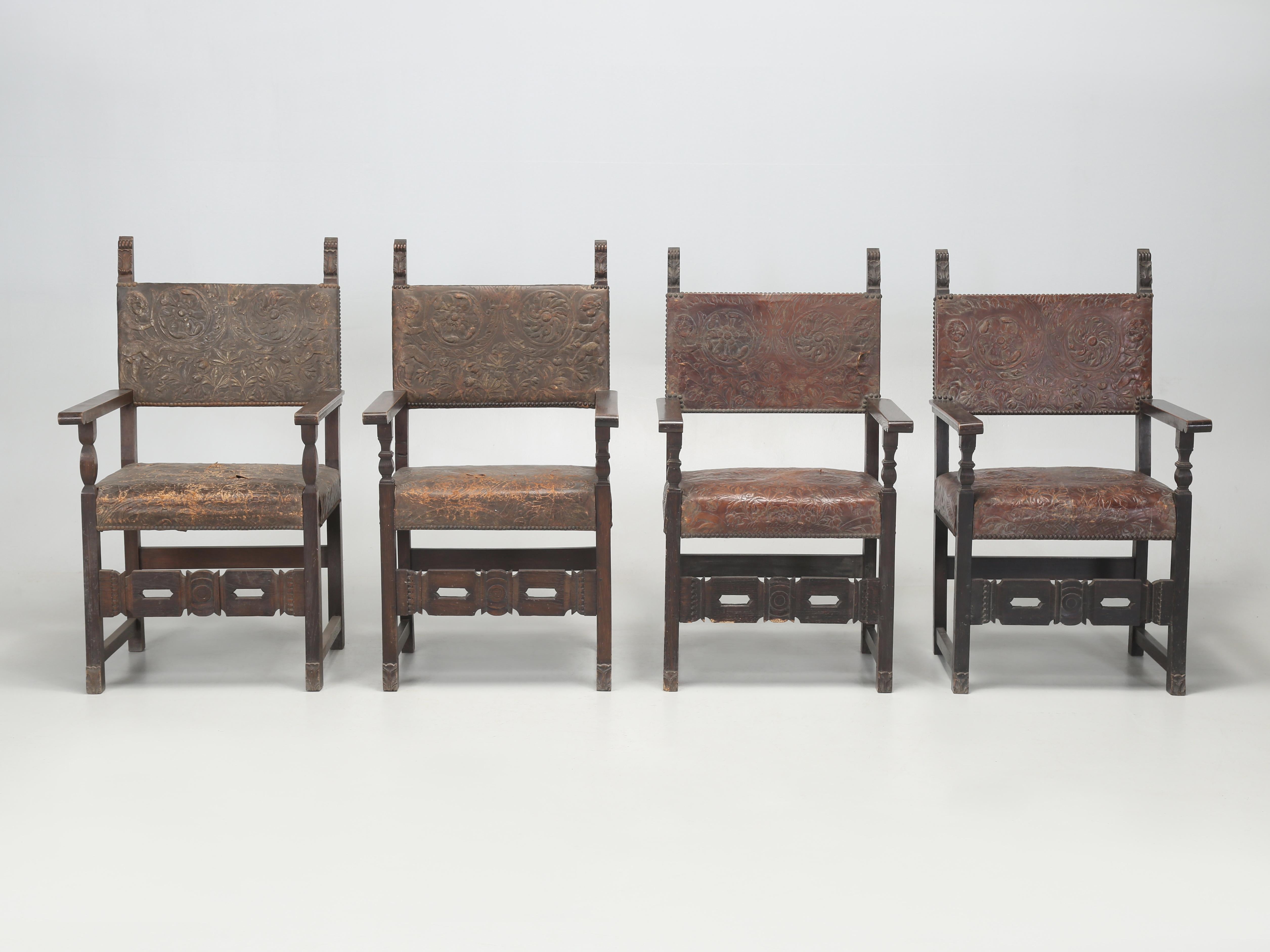 Antiker Satz (10) spanischer Esszimmerstühle aus bearbeitetem Leder, restauriert im Angebot 5