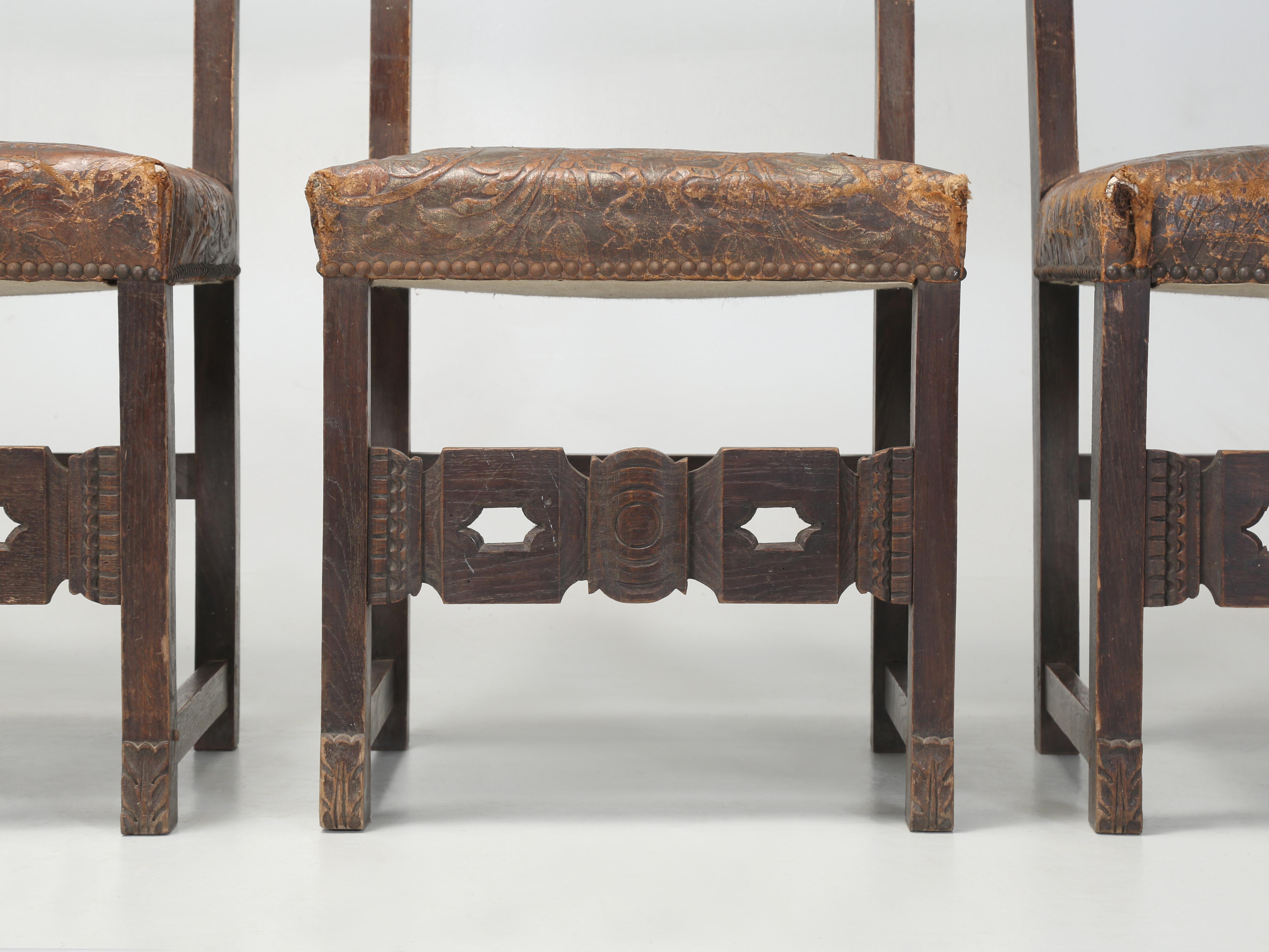 Antique Set of (10) Spanish Dining Chairs Tooled Leather Requiring Restoration For Sale 3