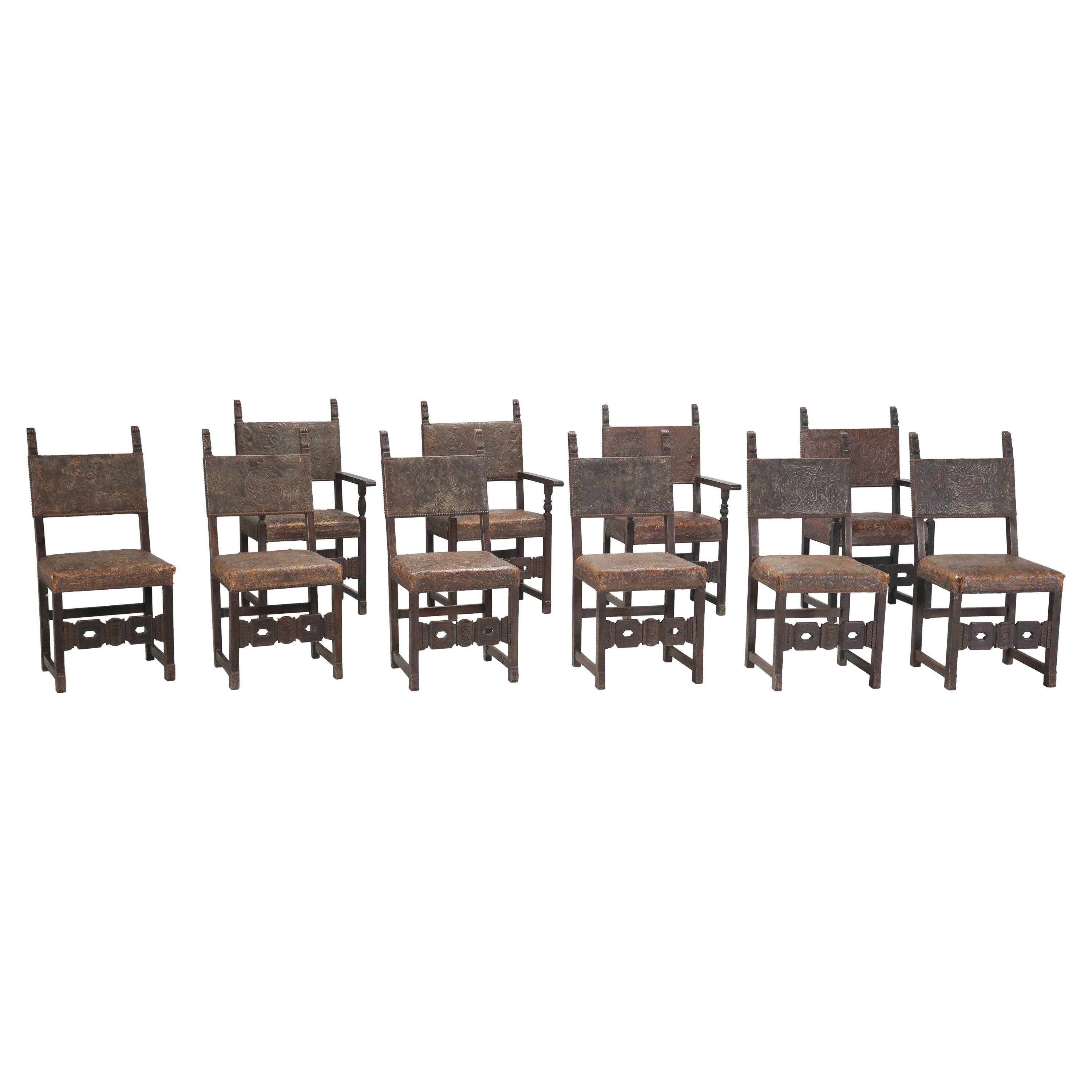 Antique Set of (10) Spanish Dining Chairs Tooled Leather Requiring Restoration