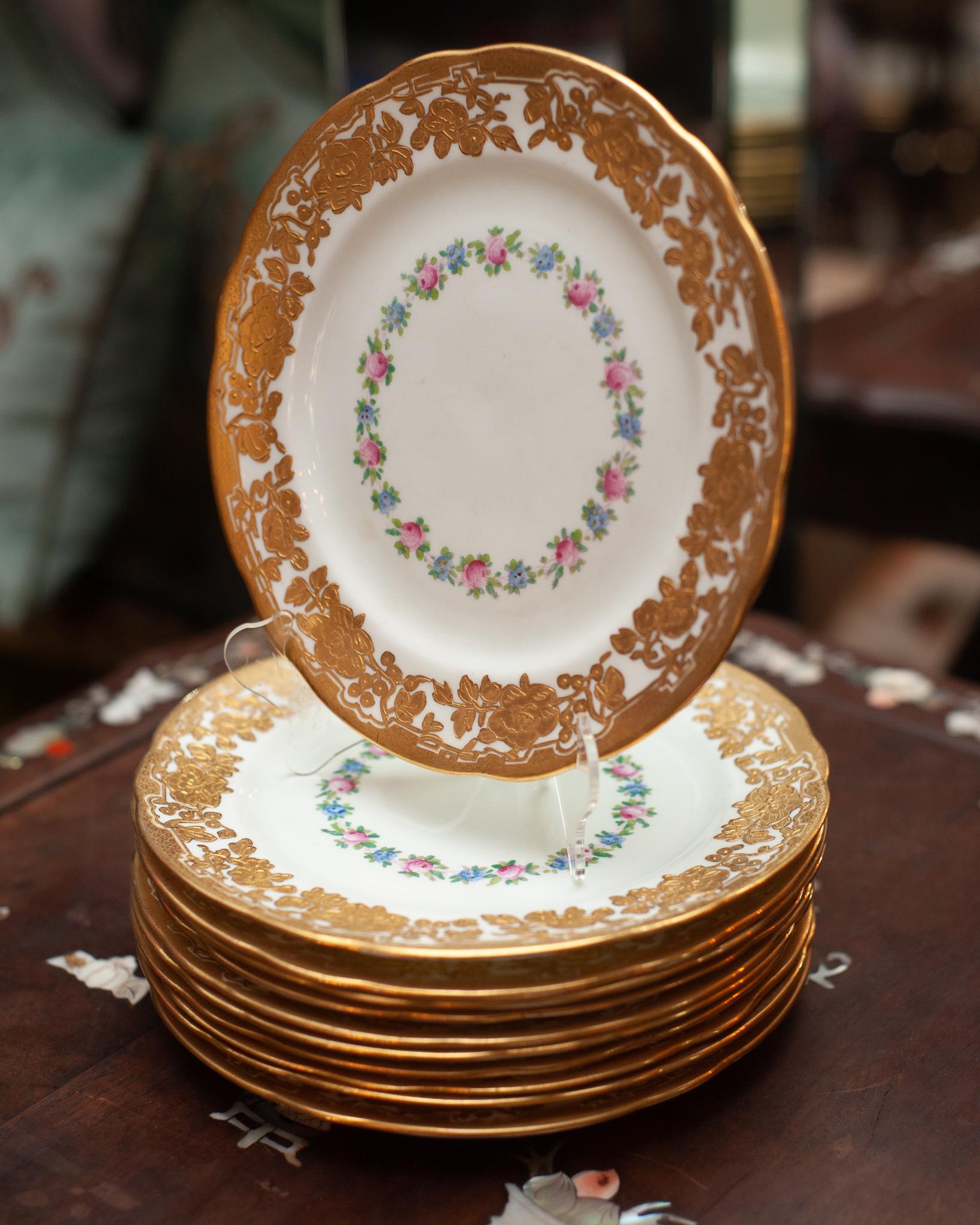 Antique Set of 11 Floral and Gilded Dessert Plates for Ovington's For