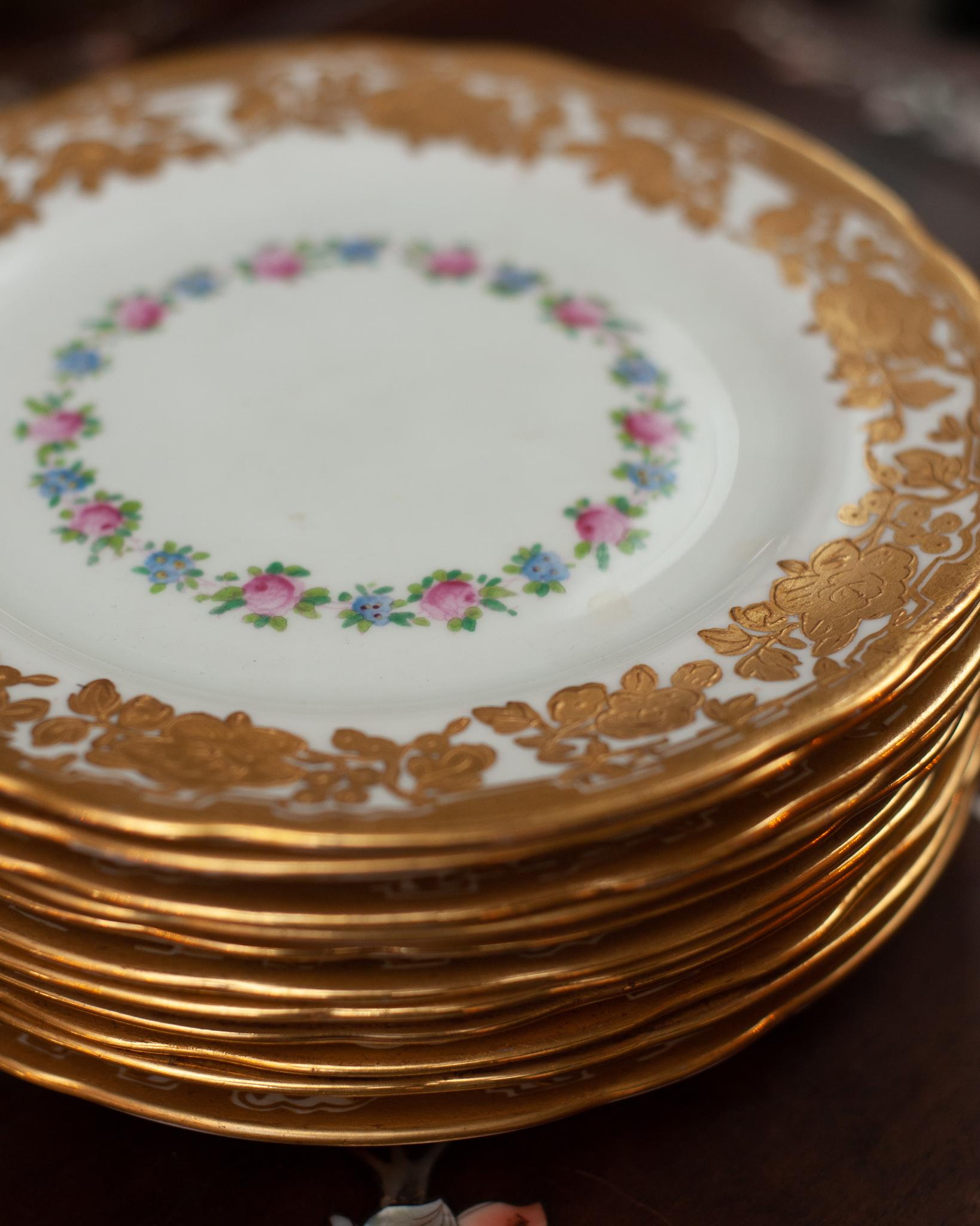 Antique Set of 11 Floral and Gilded Dessert Plates for Ovington's For