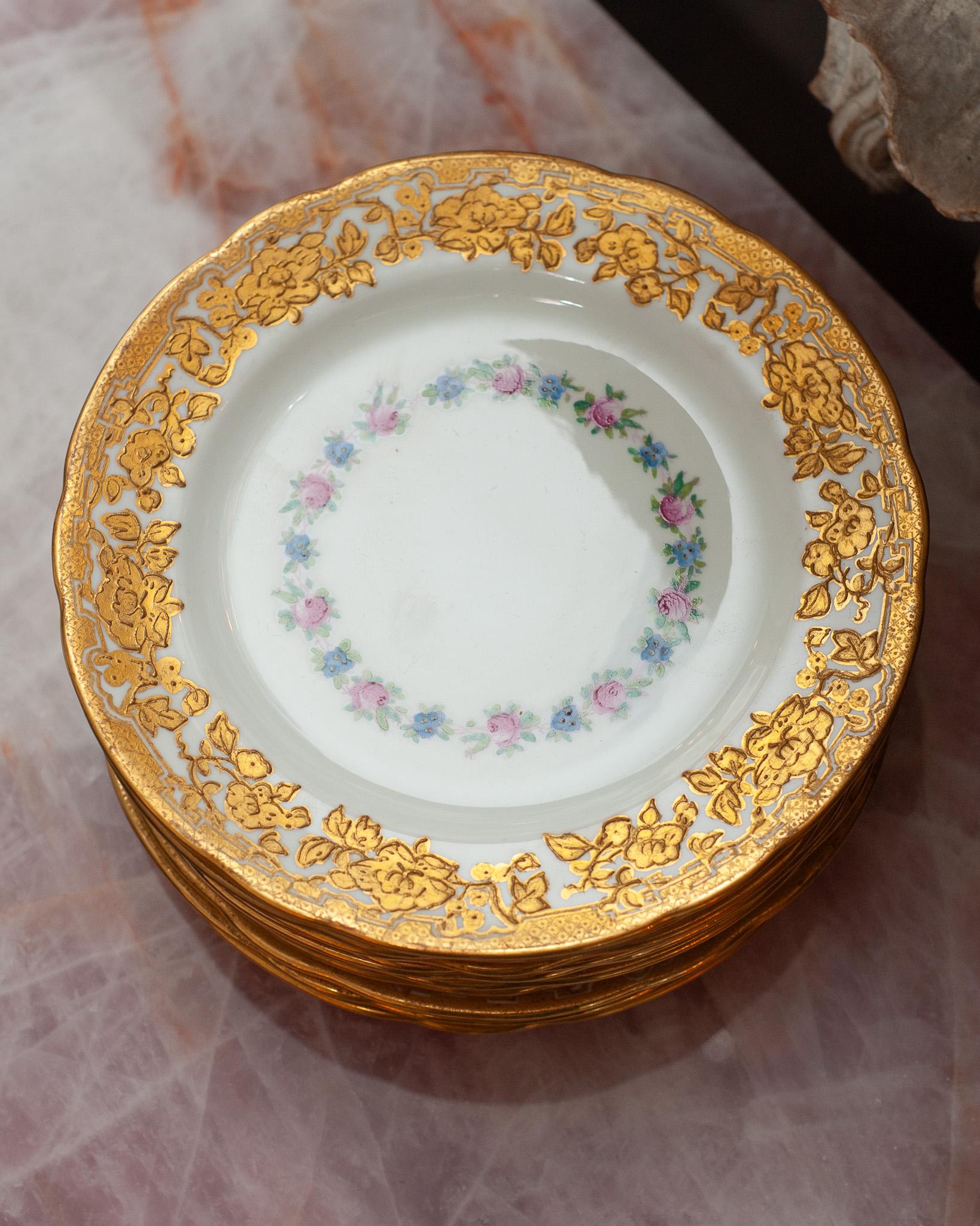English Antique Set of 11 Floral Gilded Side Plates for Ovington's Brothers, New York For Sale